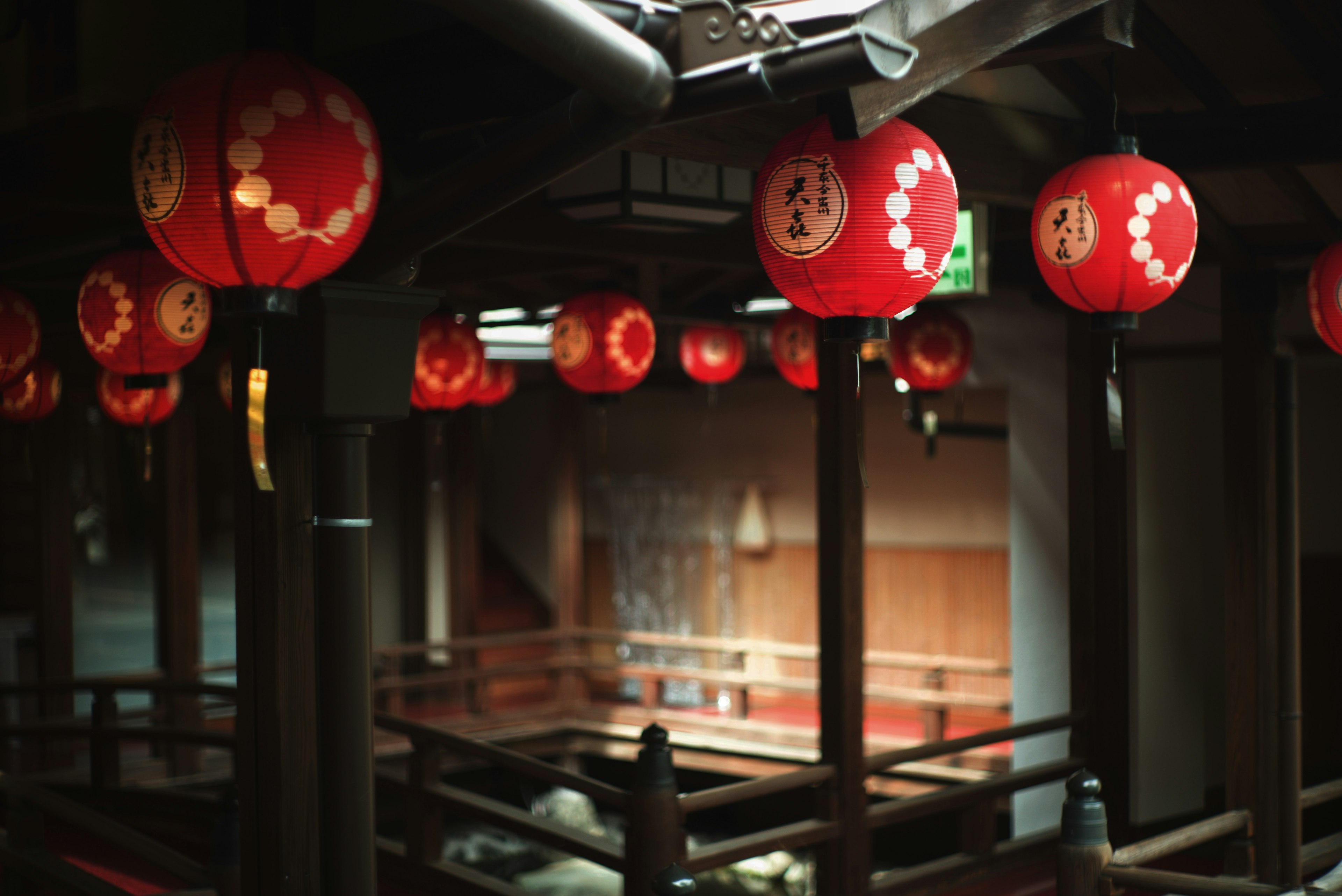 Interior space with hanging red lanterns