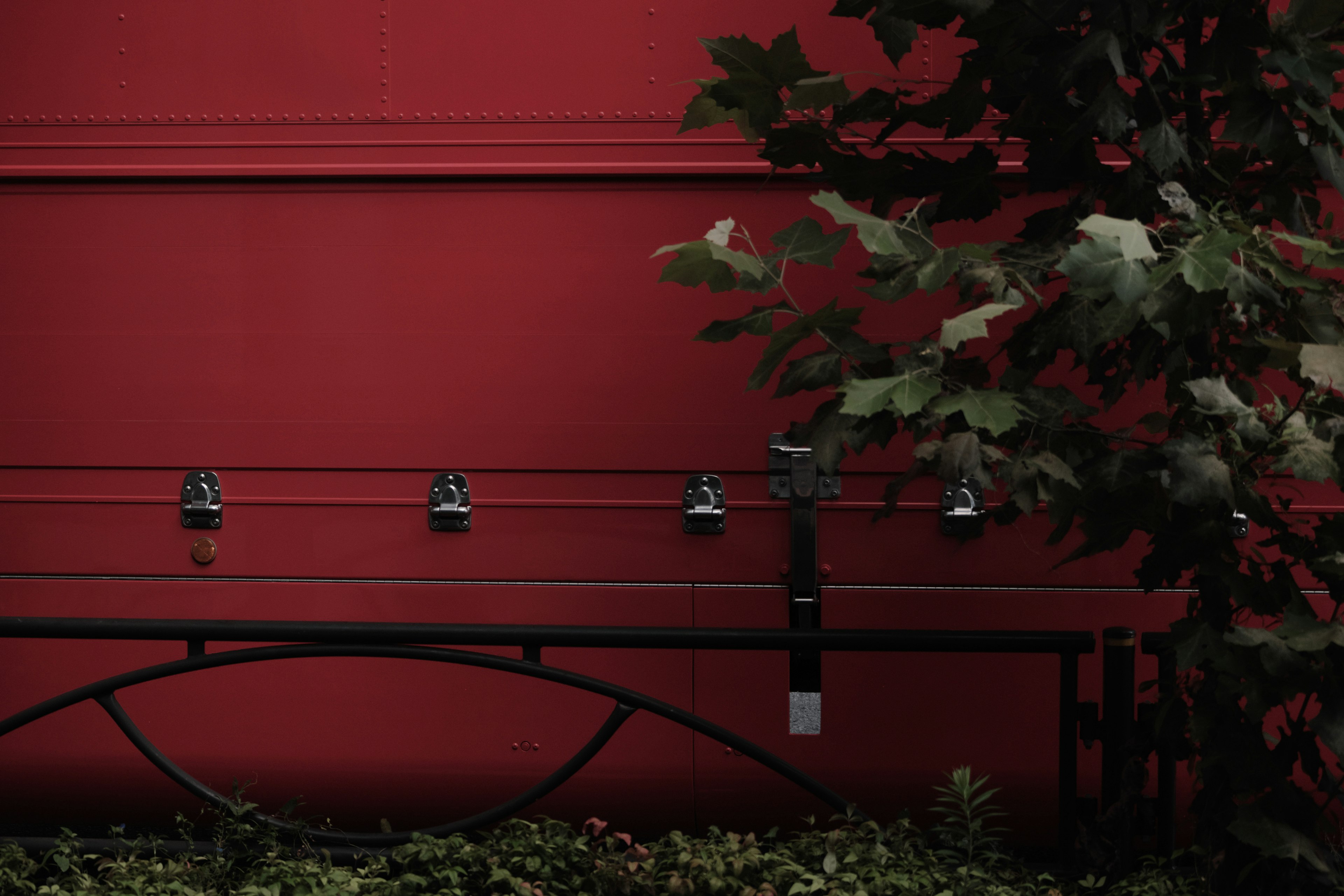 Banco de metal frente a una pared roja con hojas verdes