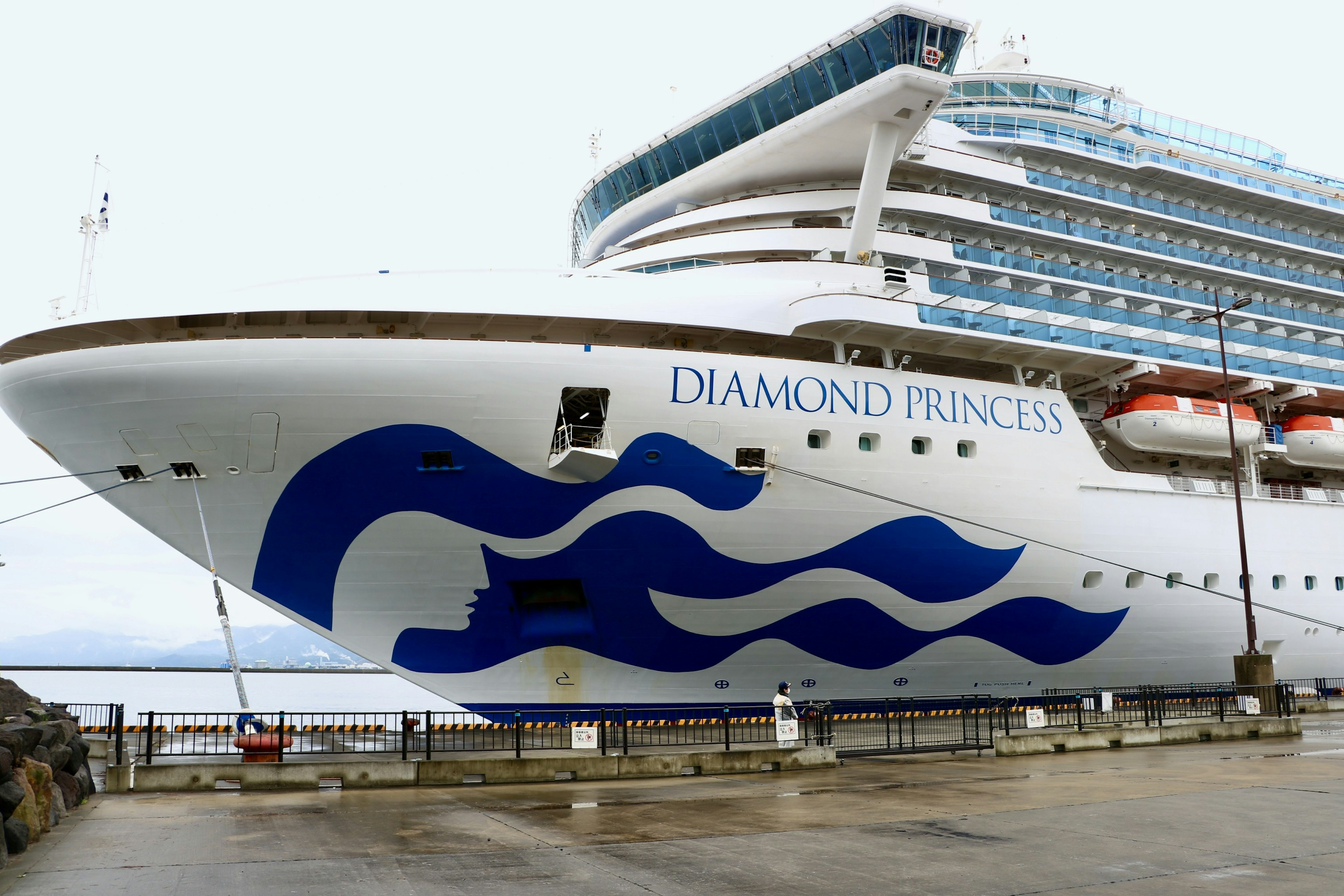 Imagen del barco de crucero Diamond Princess con diseño de olas azules en la proa