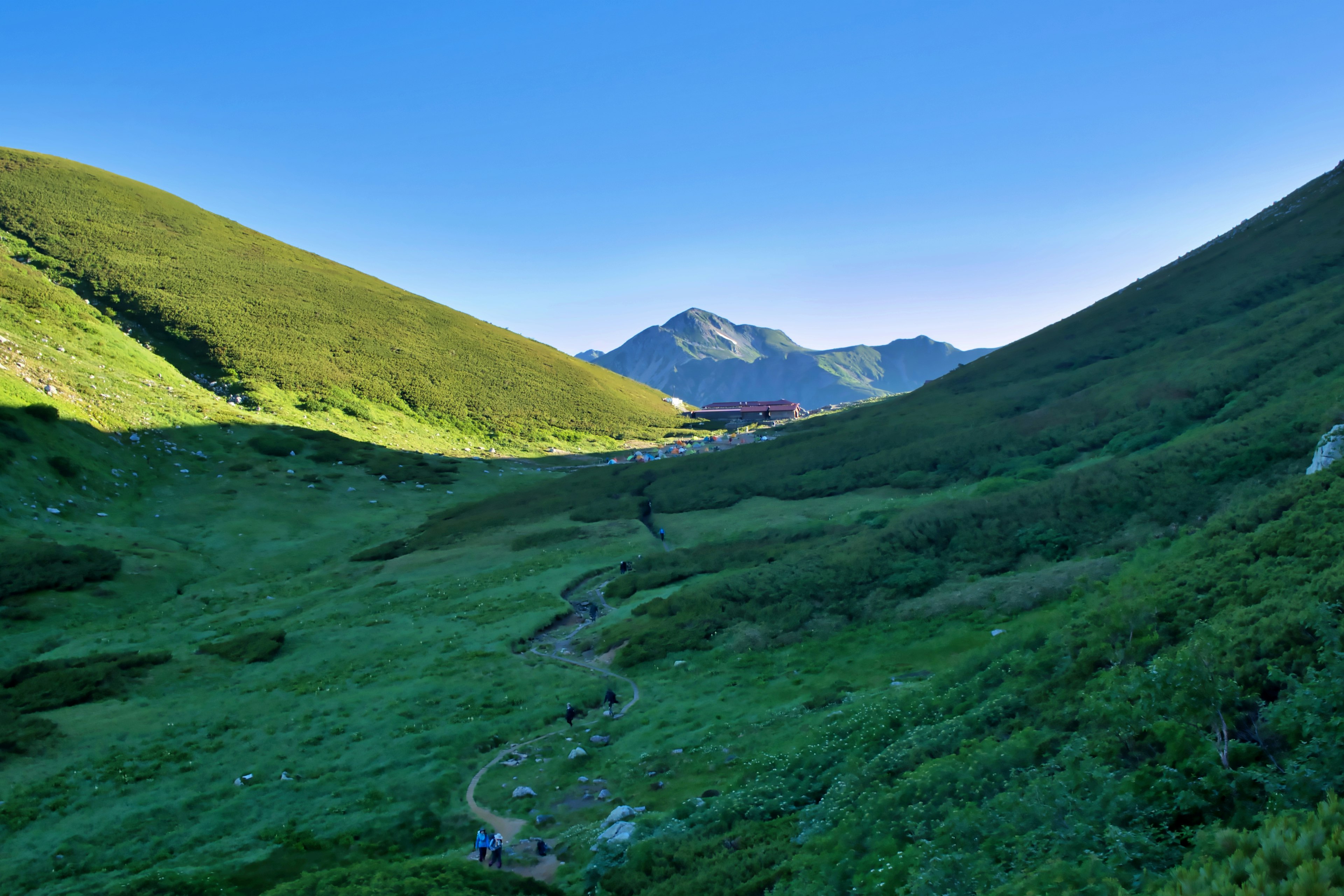 Paesaggio di valle verdeggiante con un sentiero tortuoso