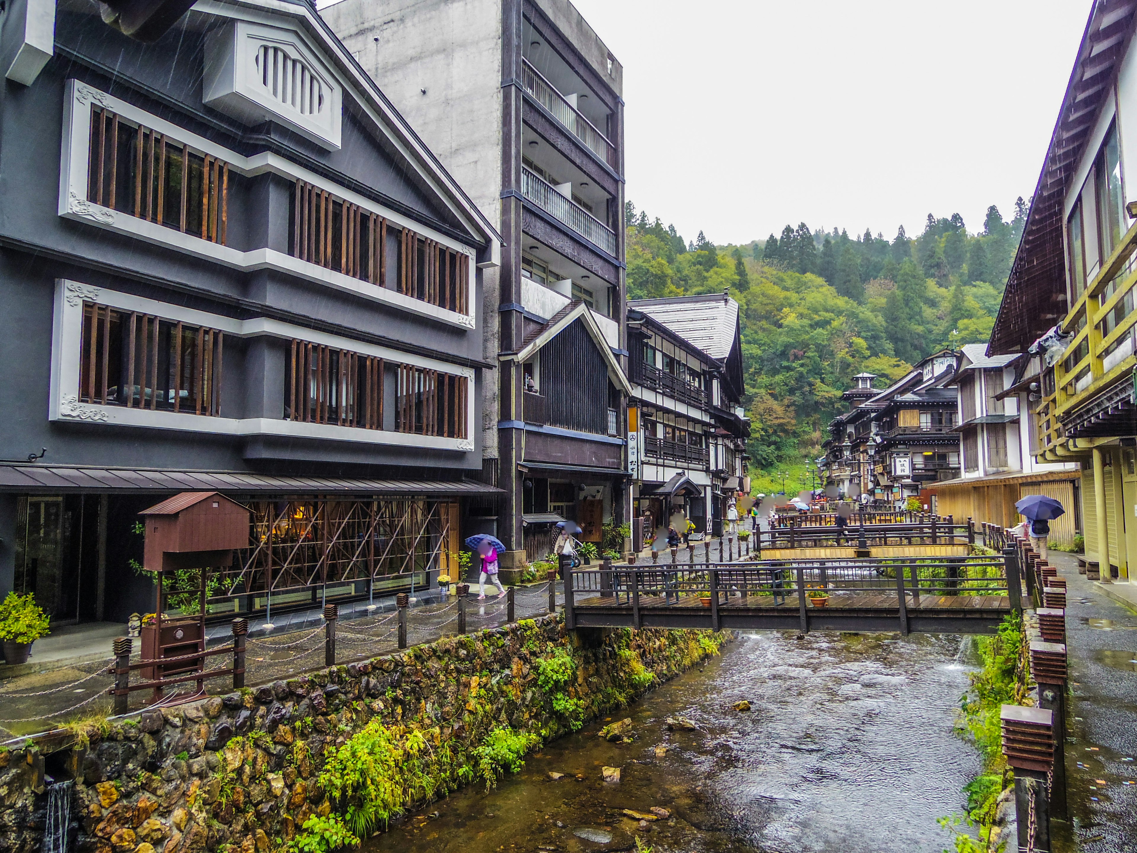 静かな川沿いの伝統的な宿泊施設と緑に囲まれた風景