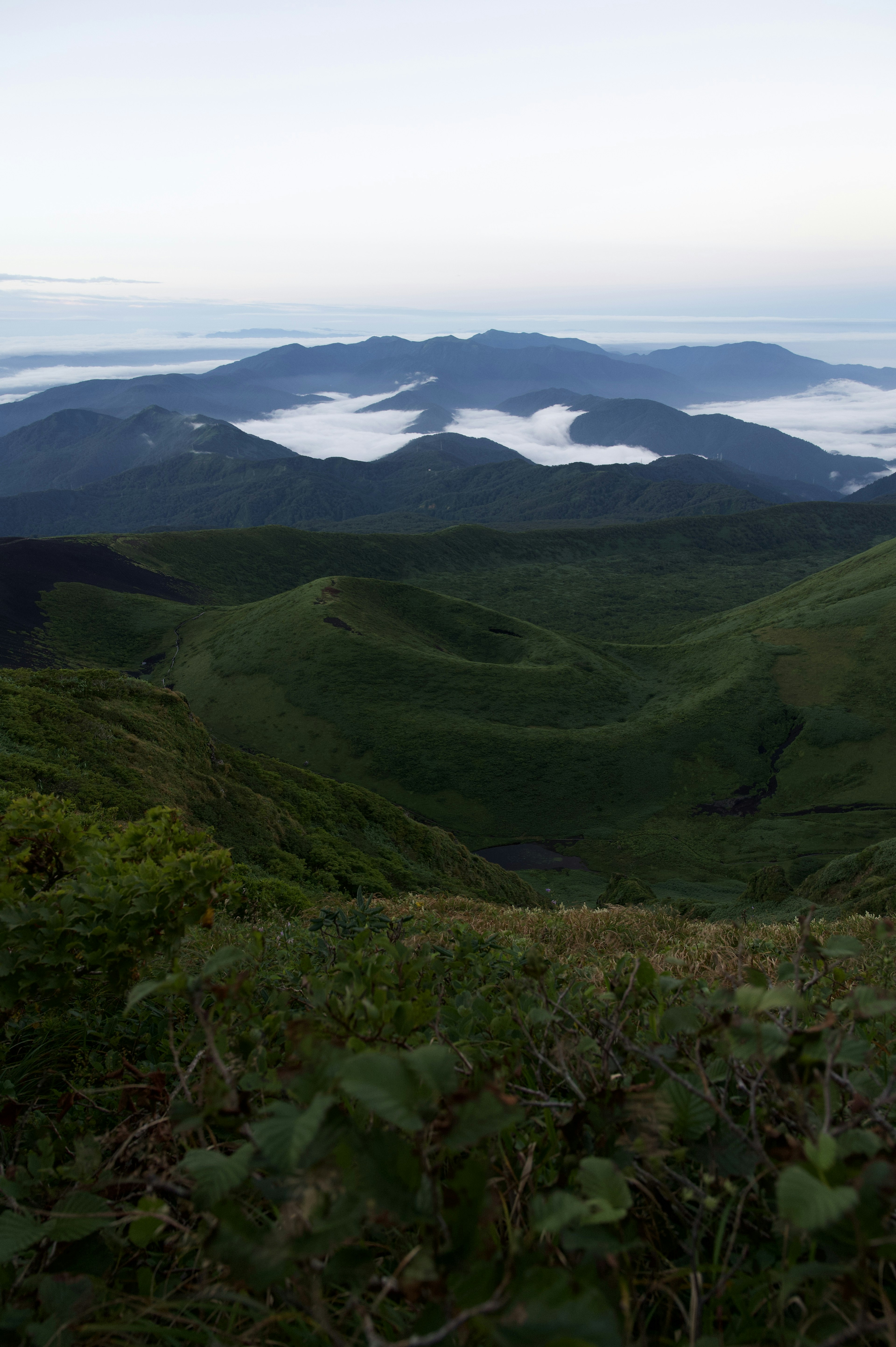 Grüne Berge mit einer Wolkenmeer im Hintergrund