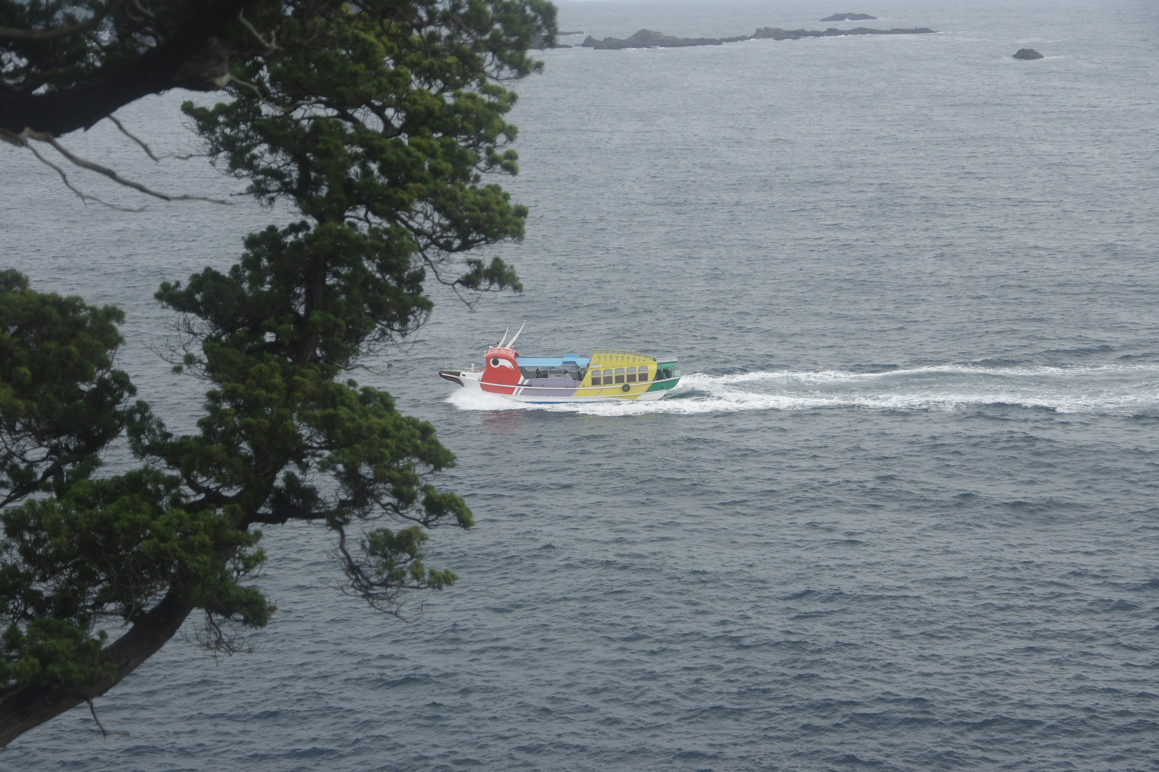 Barco colorido navegando en el mar con hojas de árbol