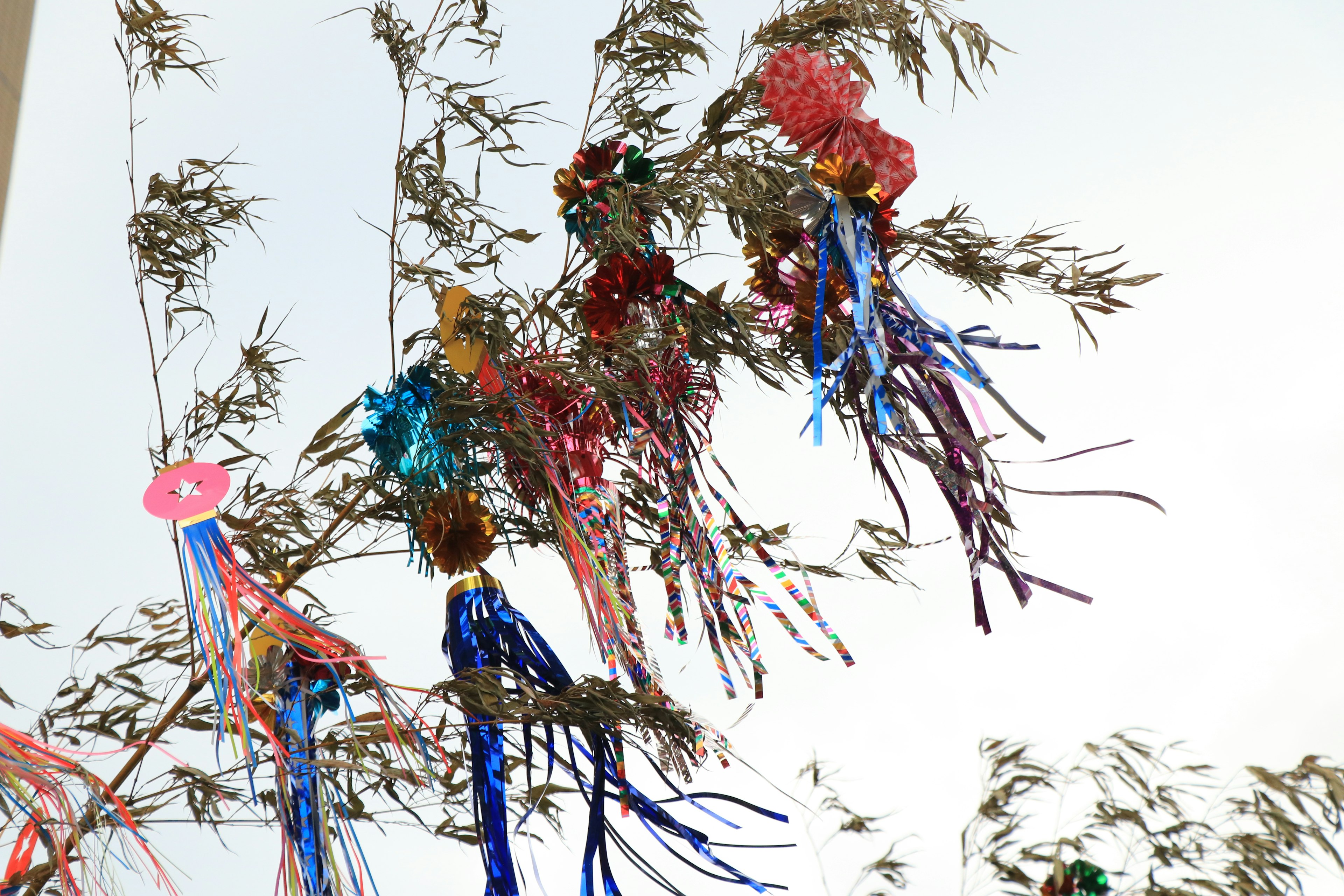 Bunte Dekorationen aus Gras und Bändern, die von der Decke hängen