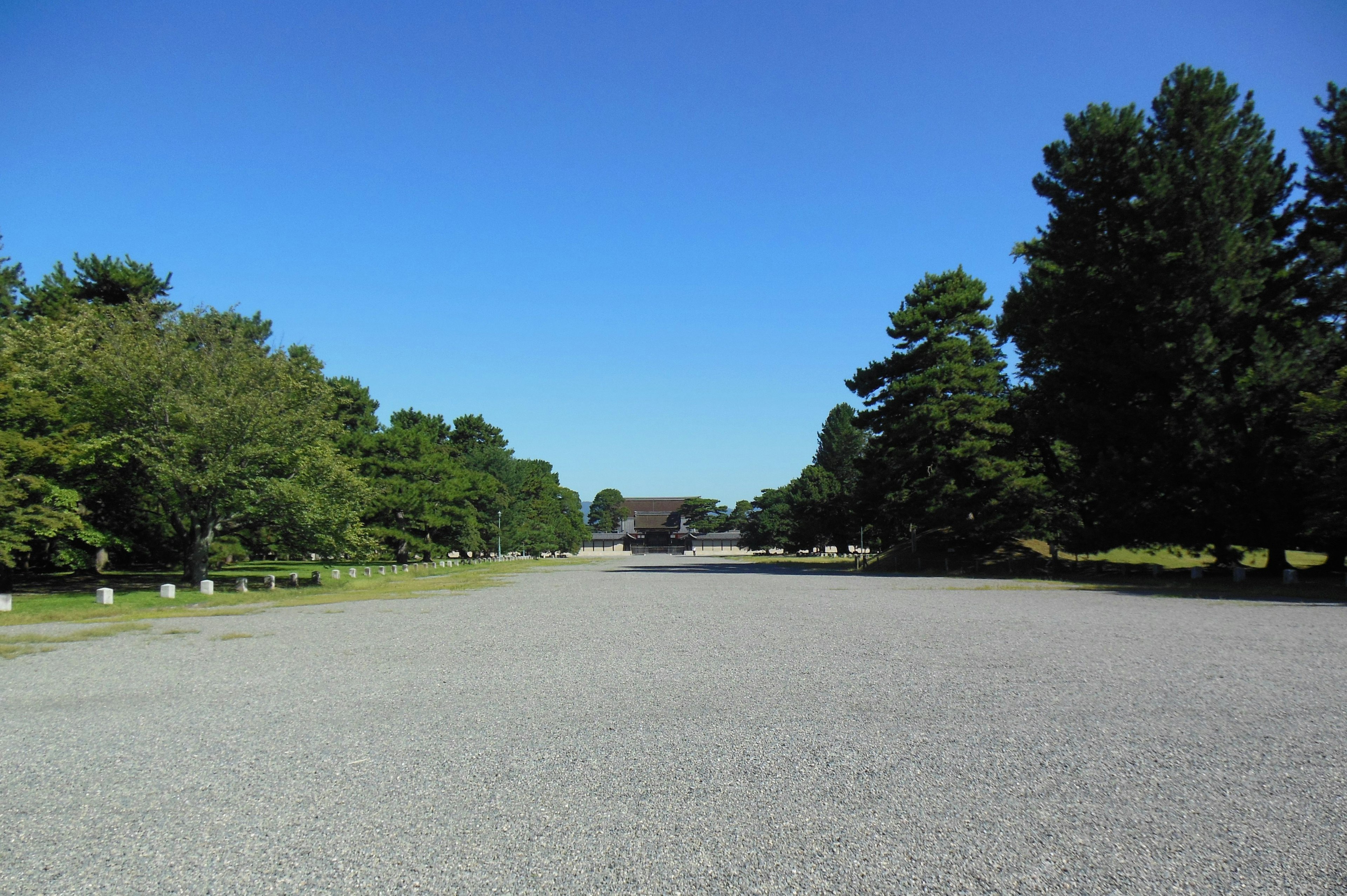 A wide gravel path under a clear blue sky lined with green trees