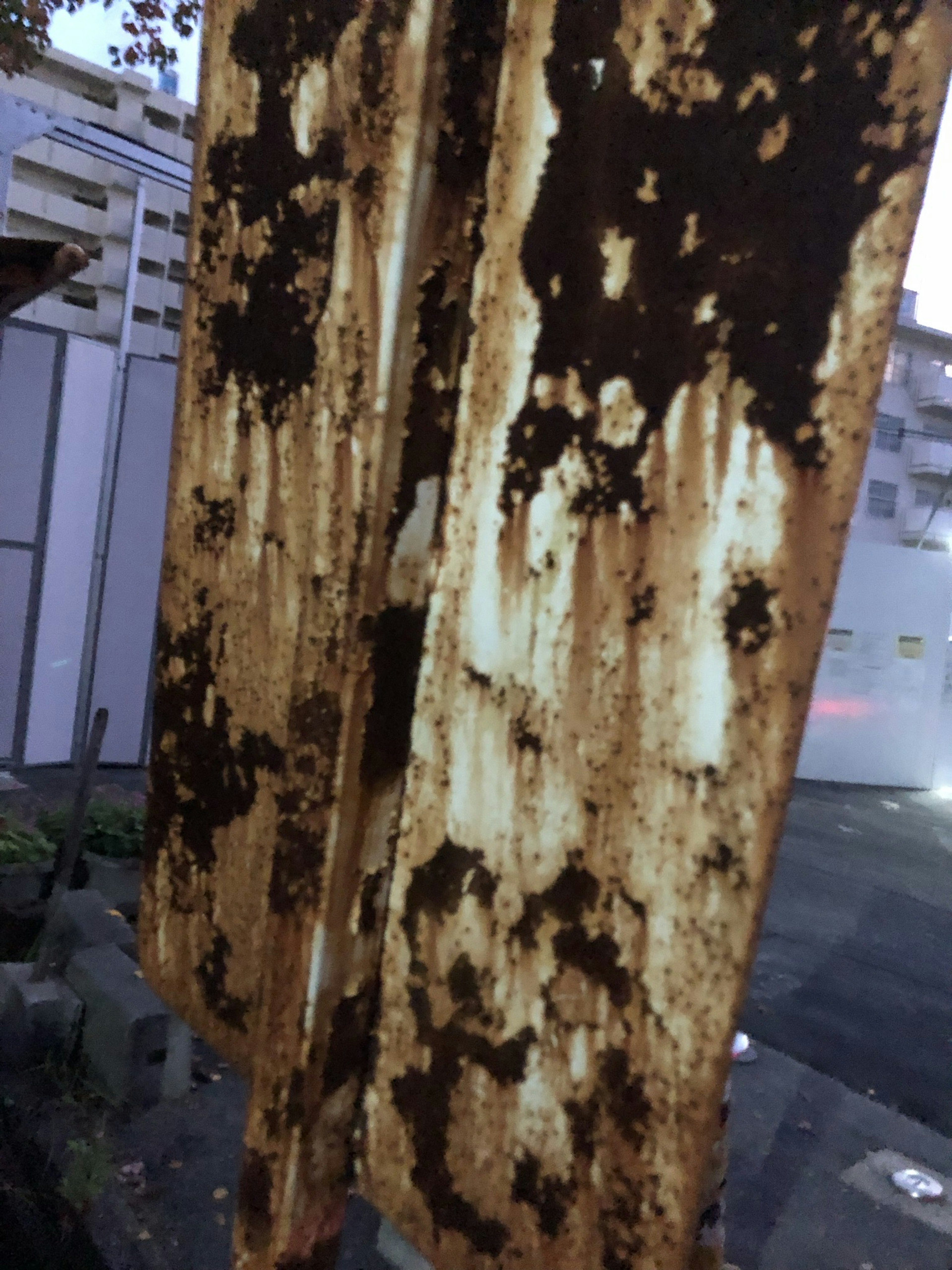 Rusty metal sign hanging with visible decay and surrounding buildings