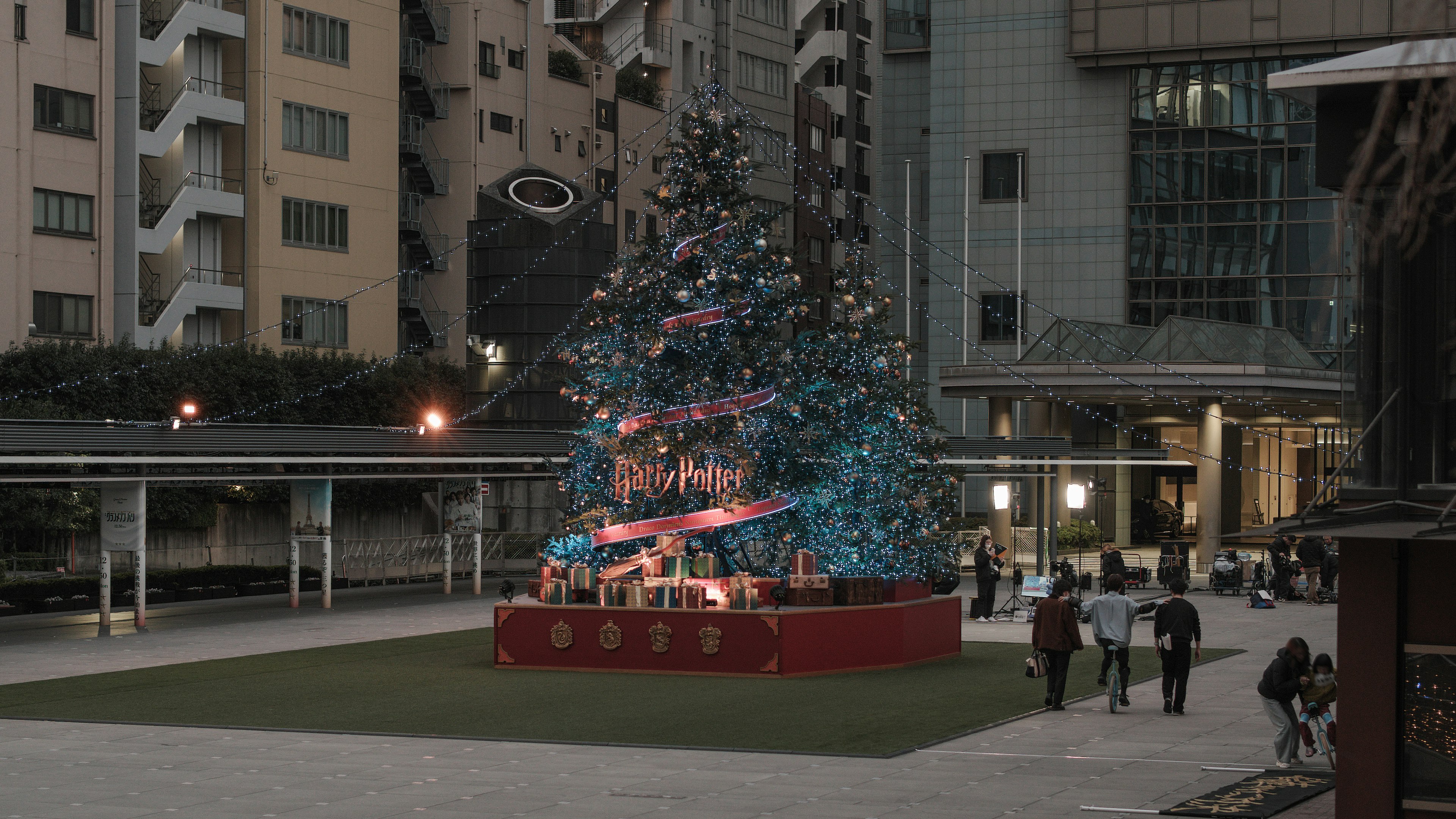 A beautifully decorated Christmas tree with lights stands in a plaza surrounded by tall buildings