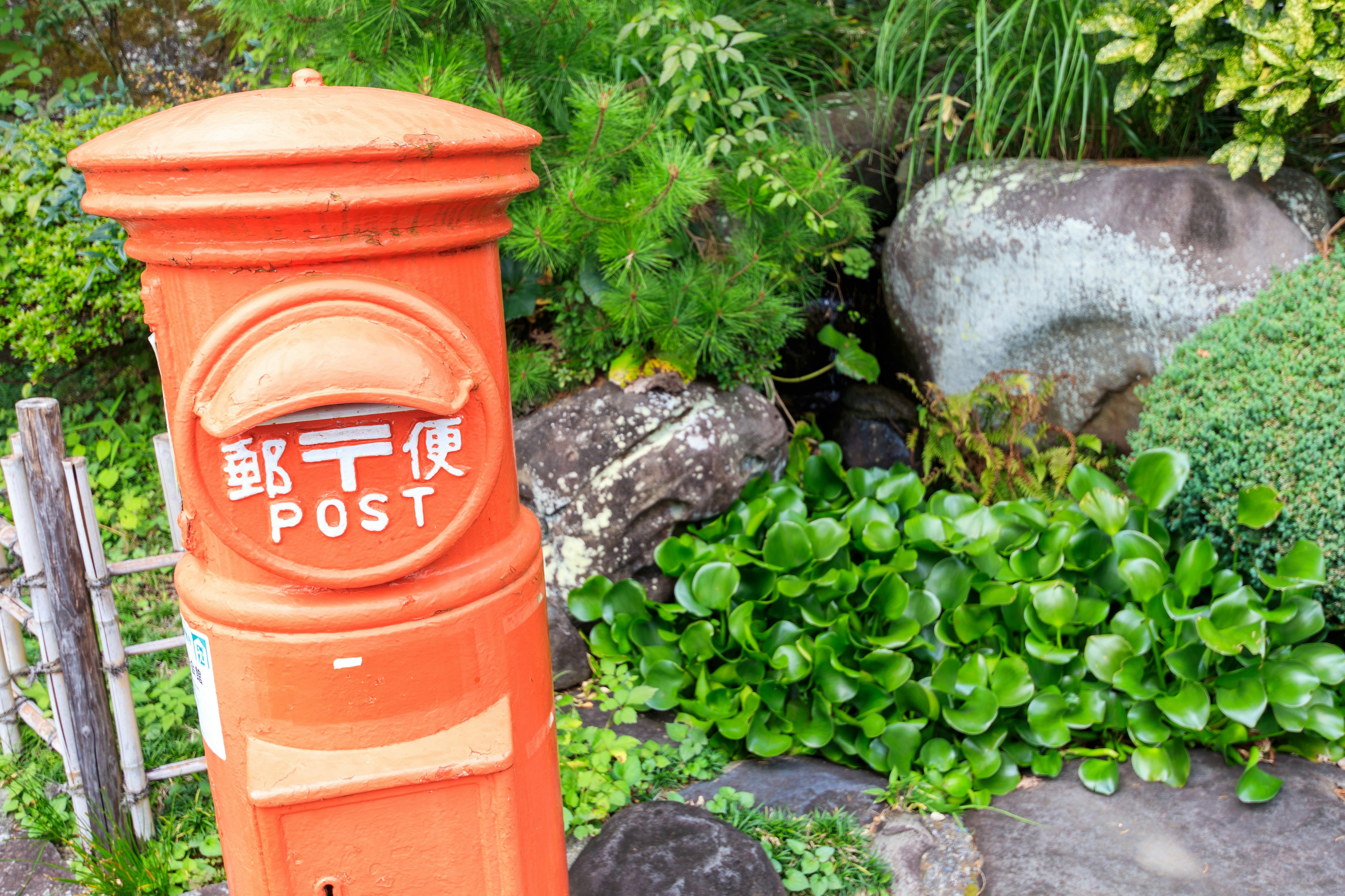 Oranger Postkasten umgeben von üppigen grünen Pflanzen