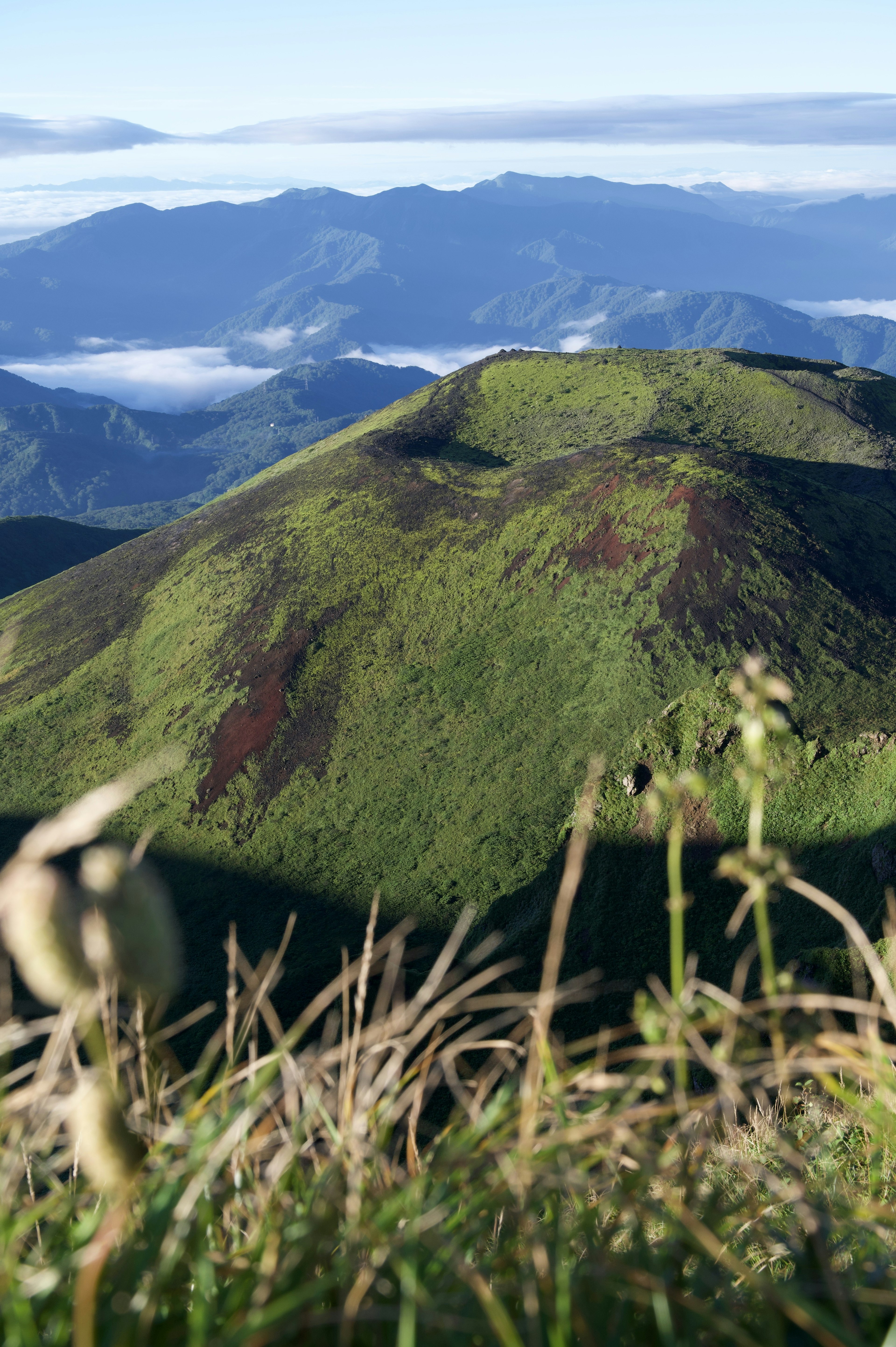 緑に覆われた山の風景と遠くの山々の景色