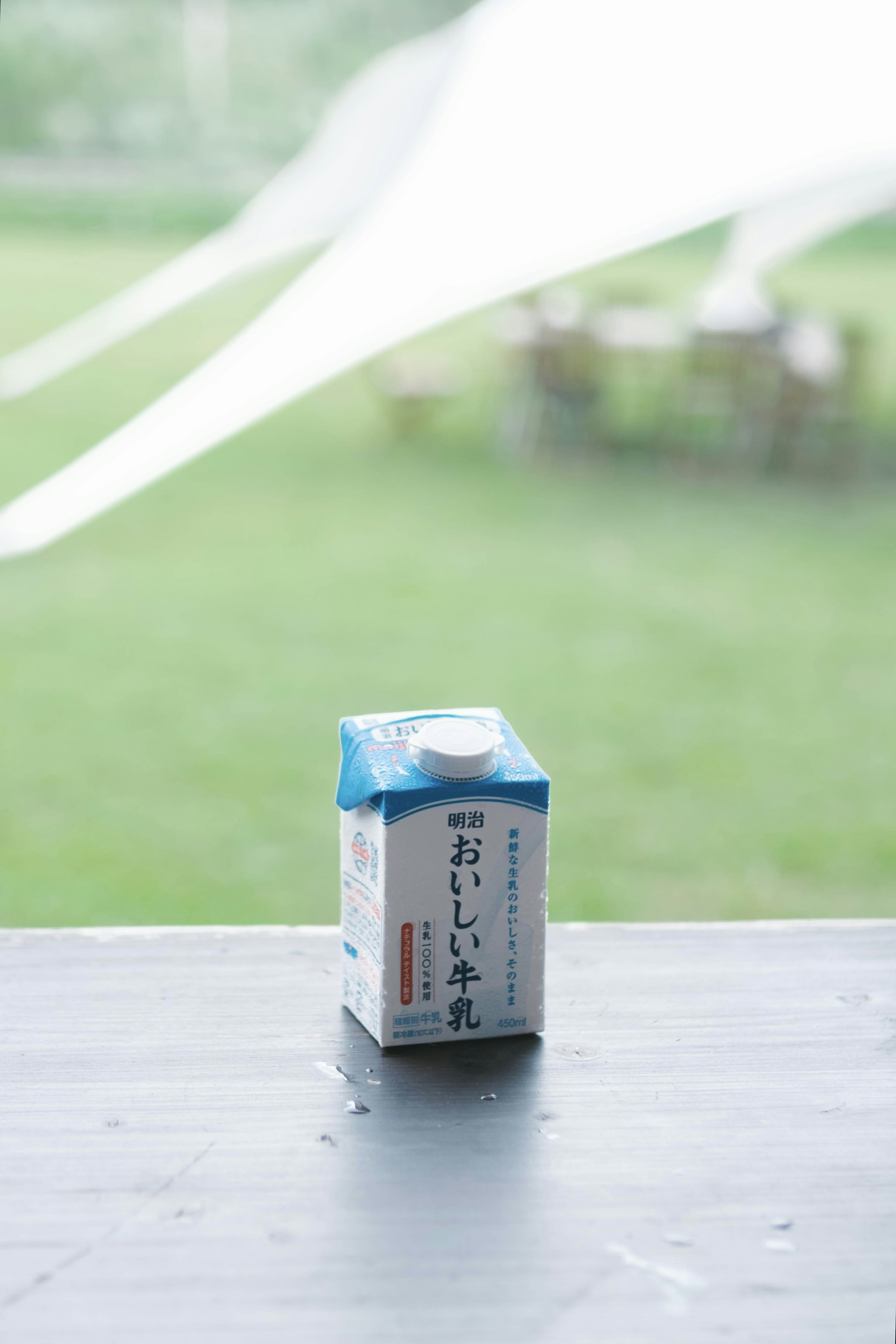 Sebuah karton susu dengan tutup biru diletakkan di atas meja dengan latar belakang rumput hijau