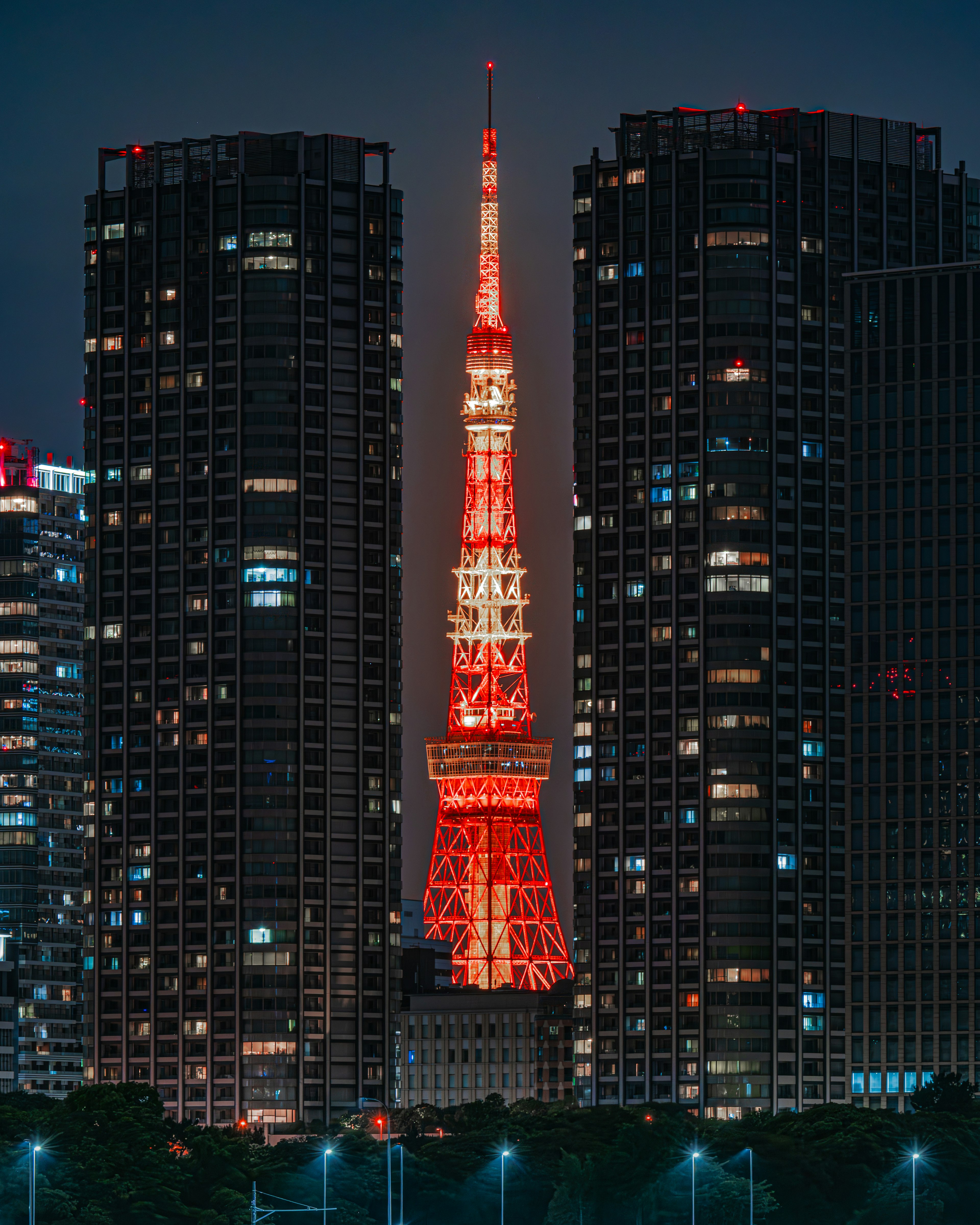 東京タワーが赤く照らされている夜景ビル群の間にある