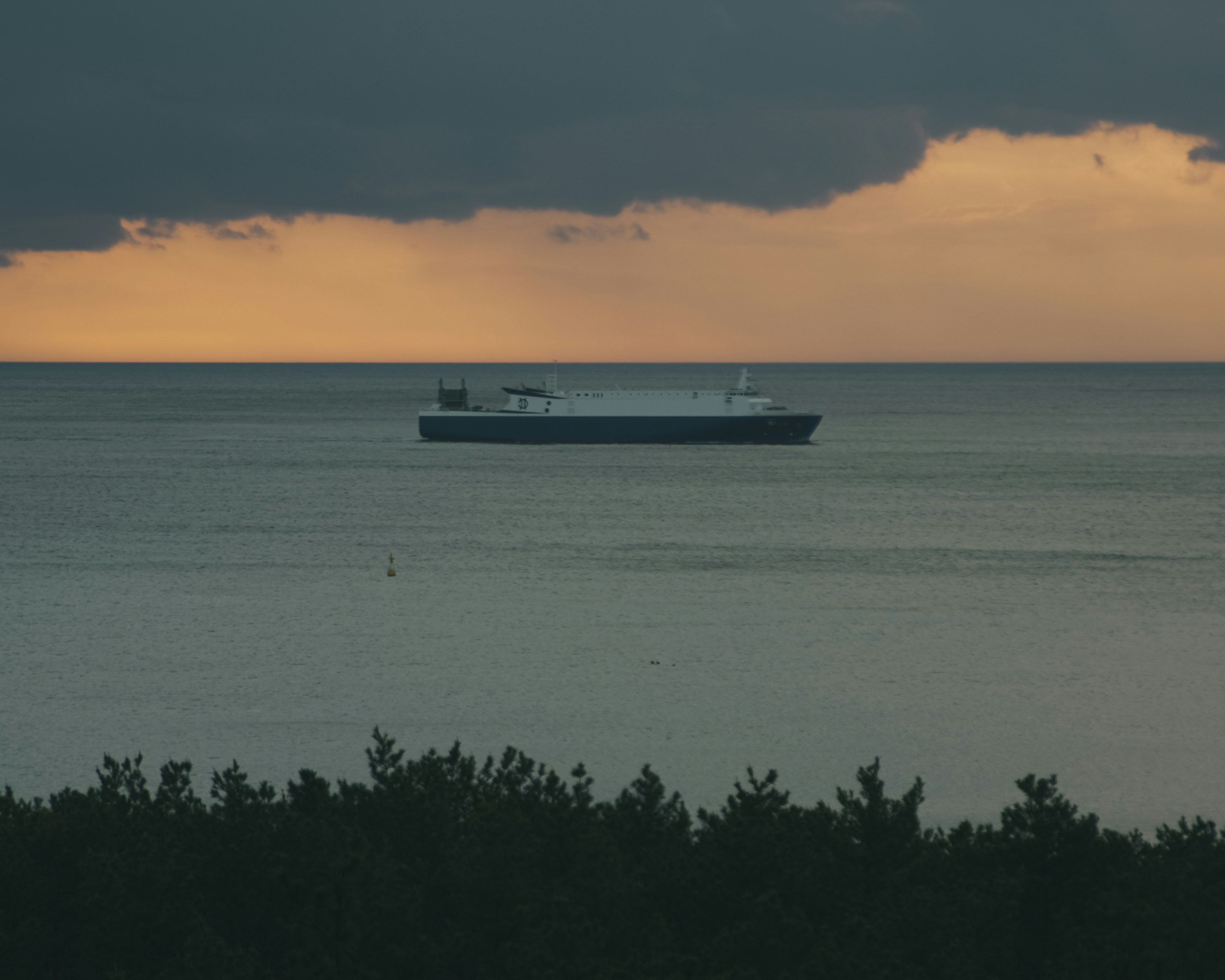 Großes Frachtschiff, das auf dem Meer mit dunklen Wolken darüber schwimmt