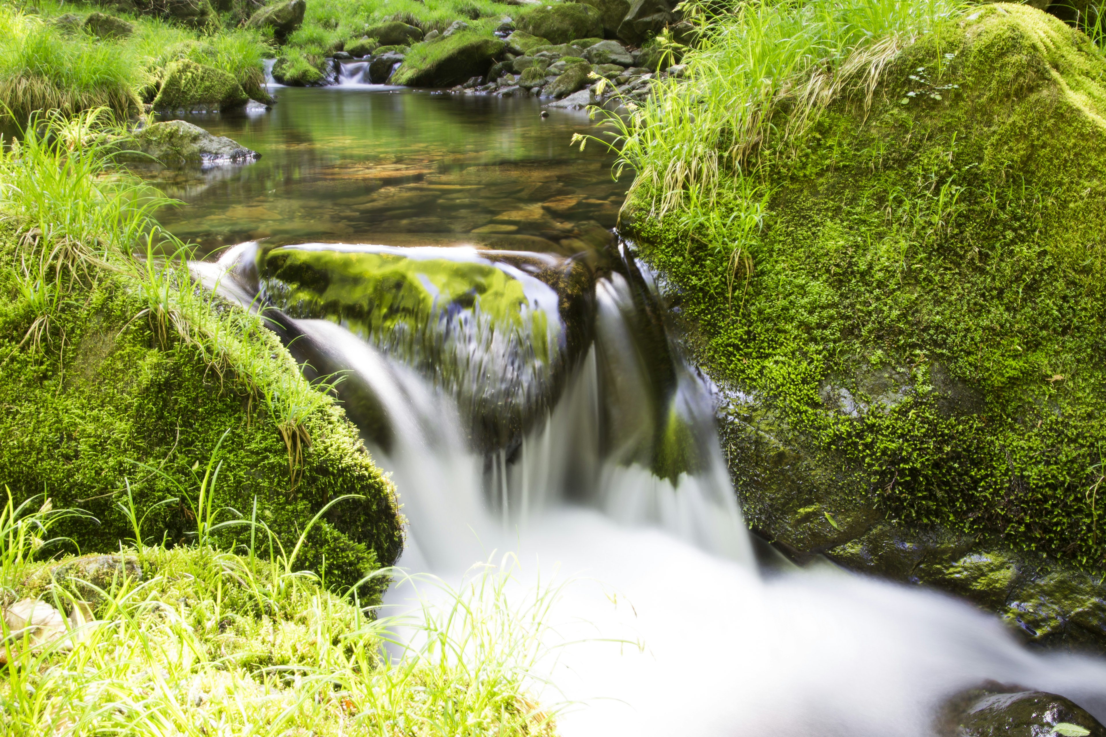 A beautiful landscape with flowing water over moss-covered rocks