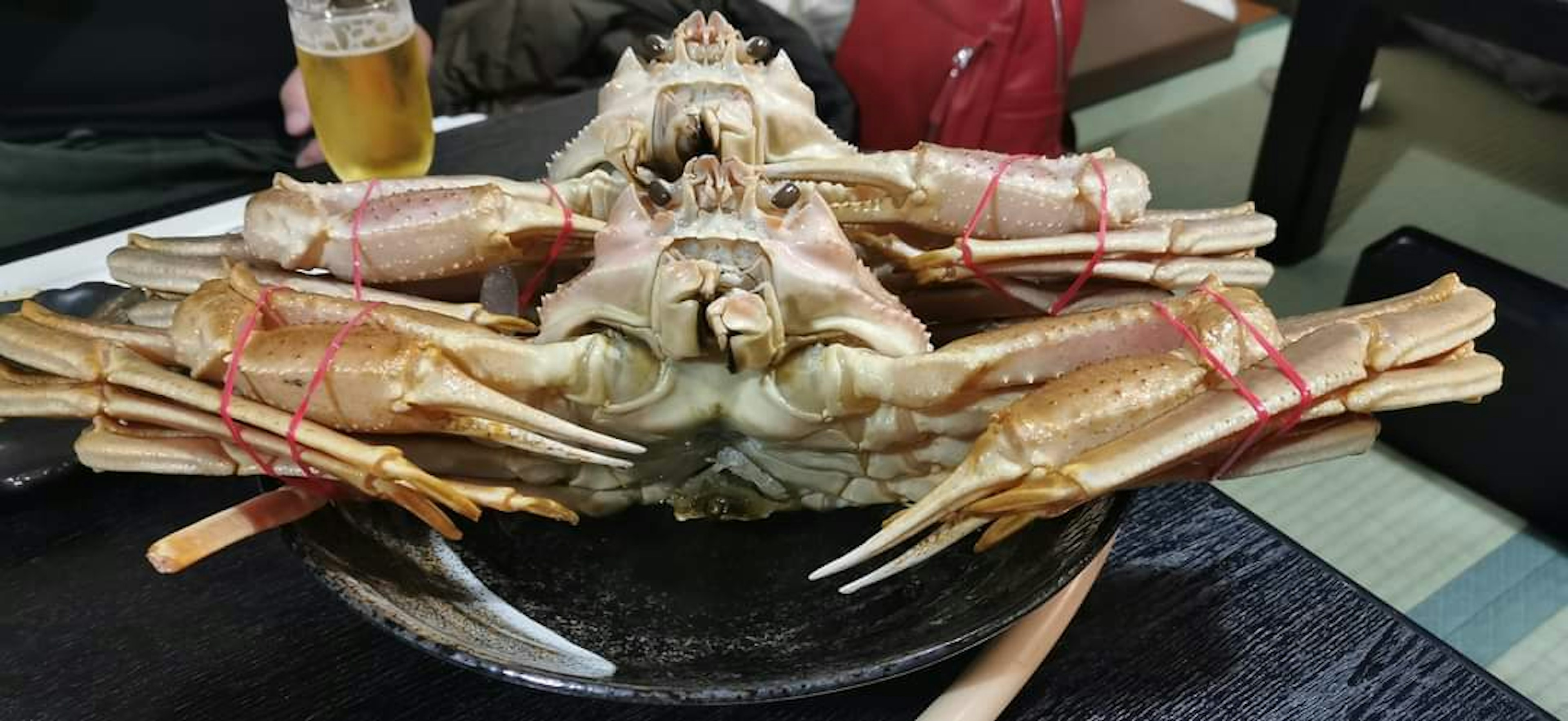 A large crab placed on a dish with beer nearby