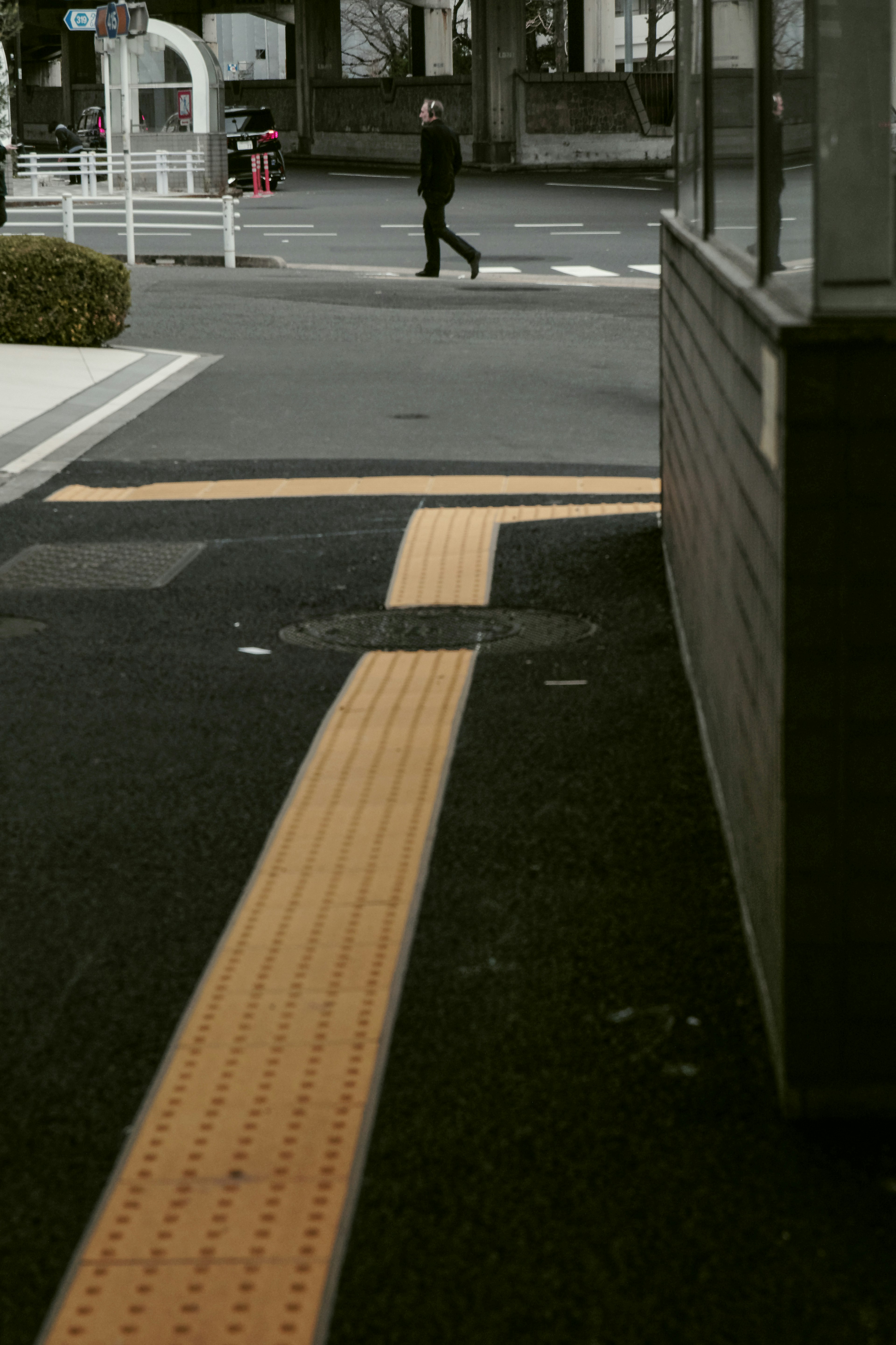 歩道にある黄色いガイドラインと横断歩道を渡る人