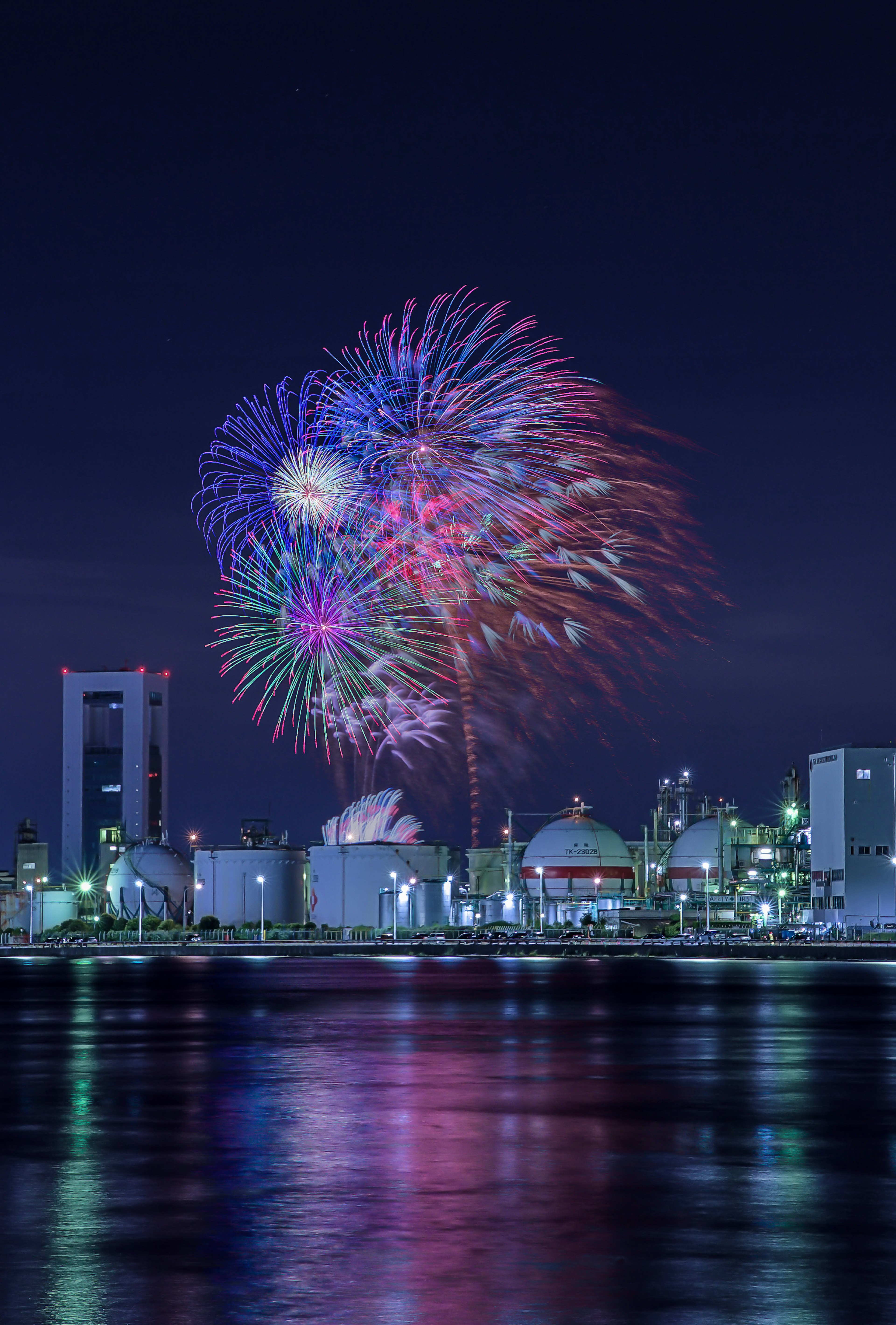 夜空に打ち上げられたカラフルな花火と都市の風景