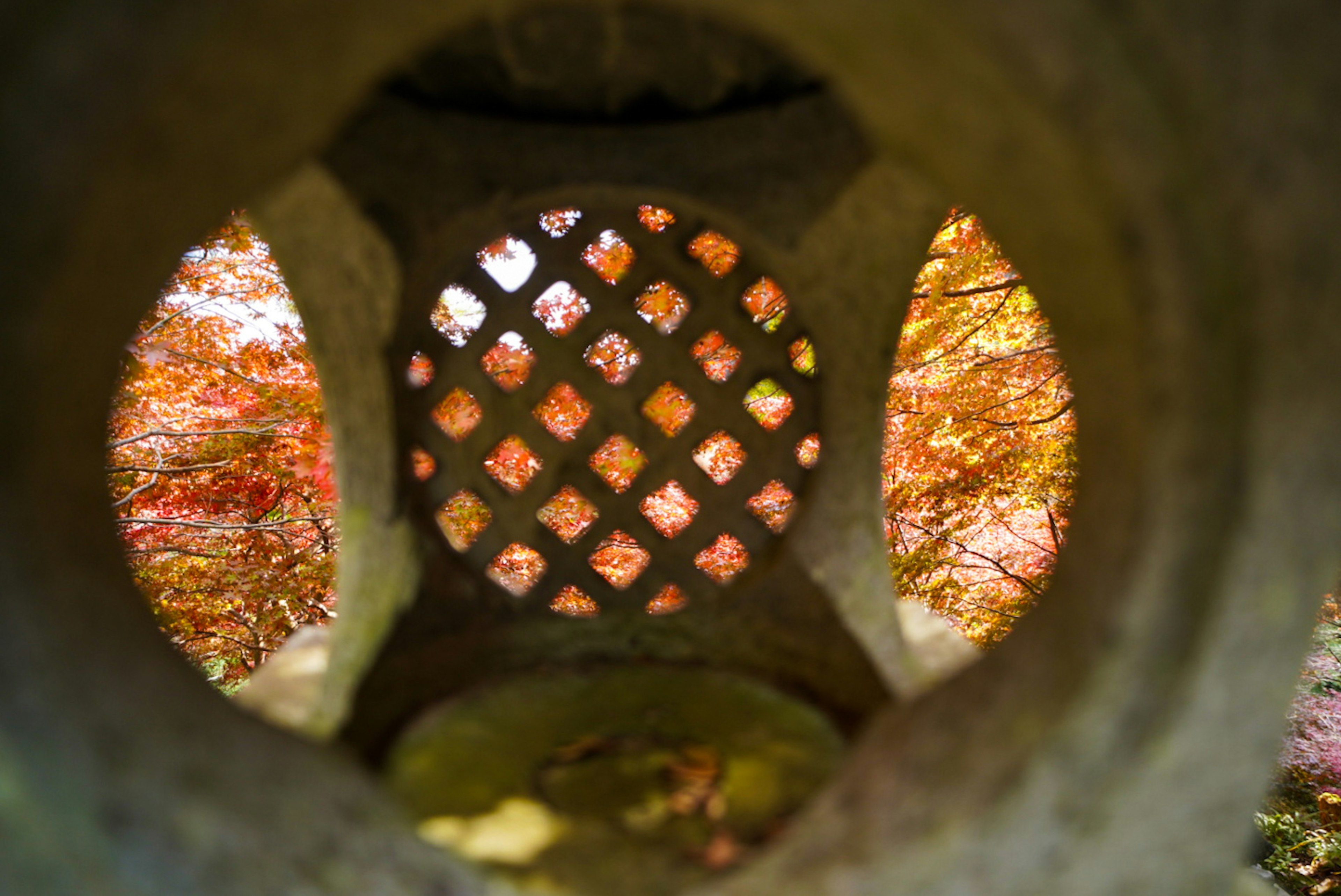 Vista del fogliame autunnale attraverso l'apertura di una lanterna di pietra