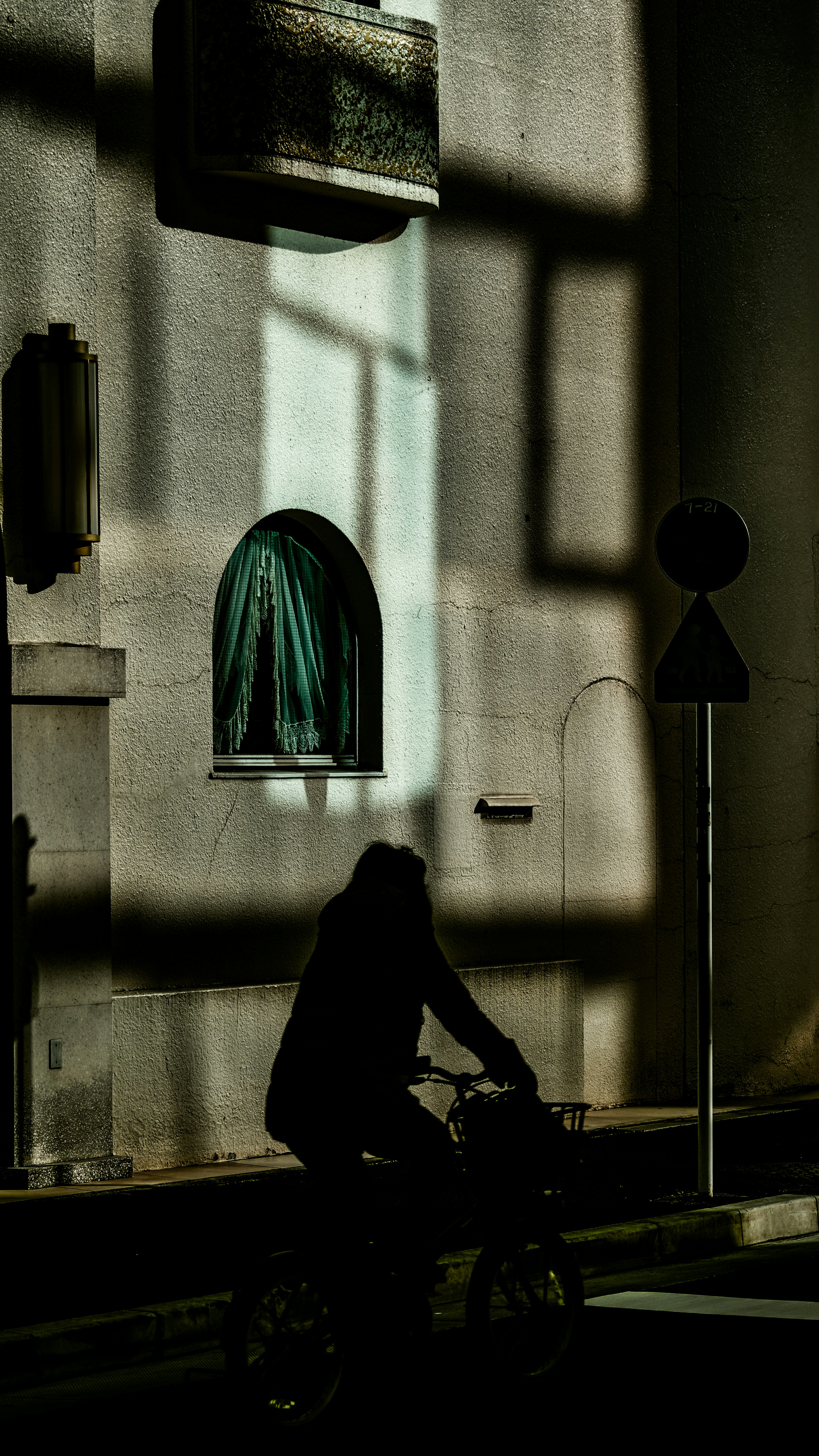 A person riding a bicycle in front of a wall with shadows