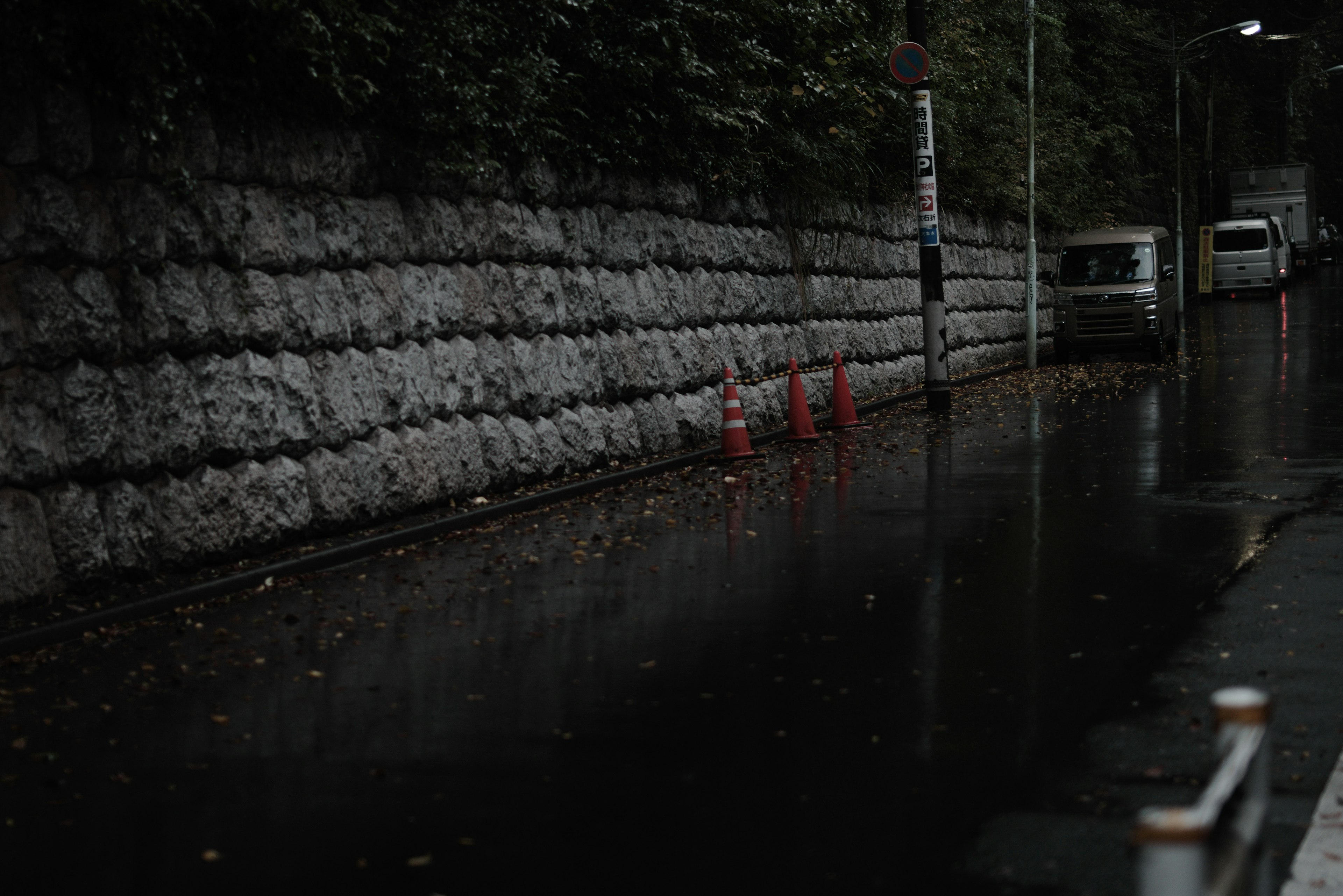 Quiet street corner with a wet road and traffic cones