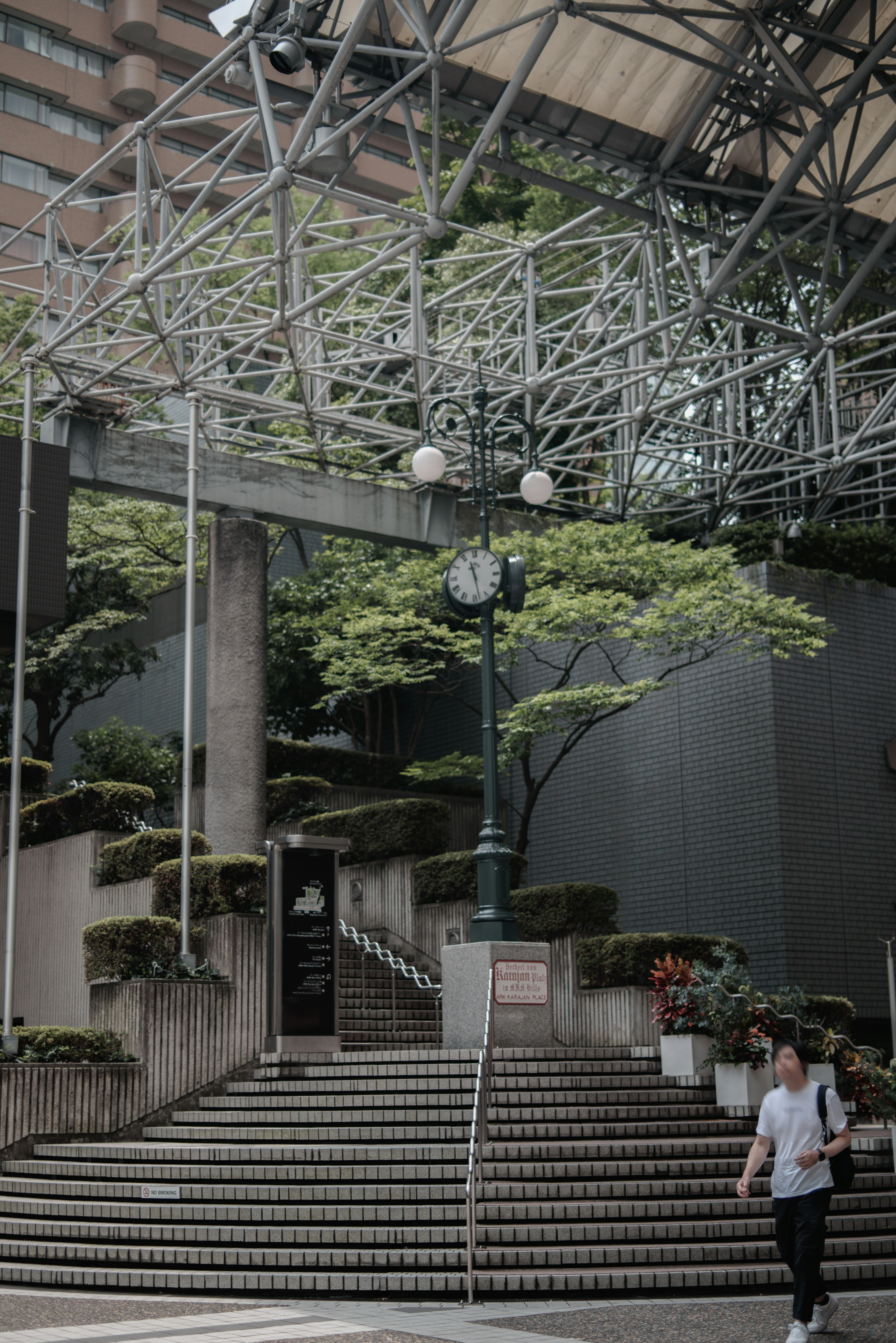 Escaleras que conducen a una entrada con un árbol verde y una estructura de techo de metal