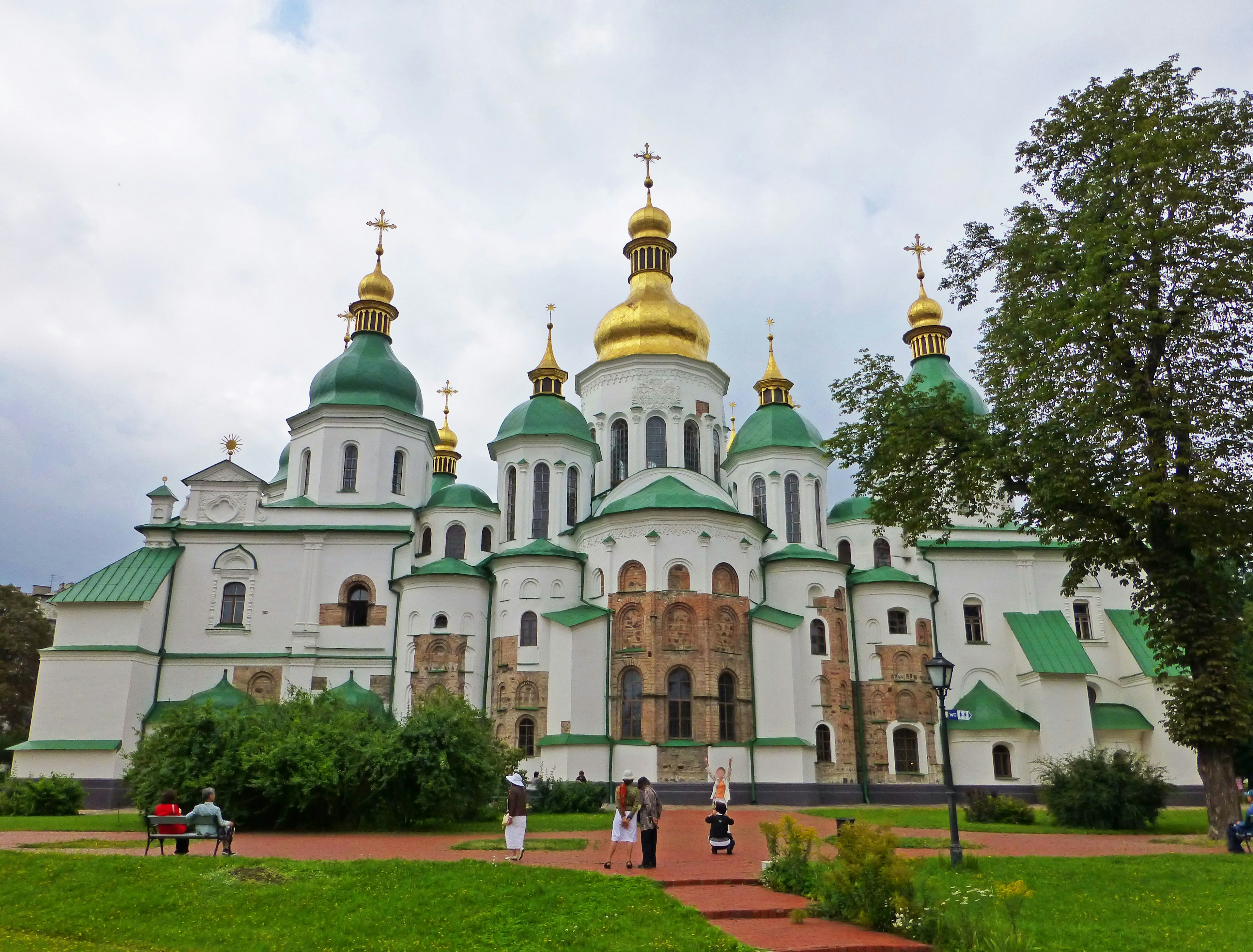 St. Sophia Cathedral showcasing green and gold domes with white exterior