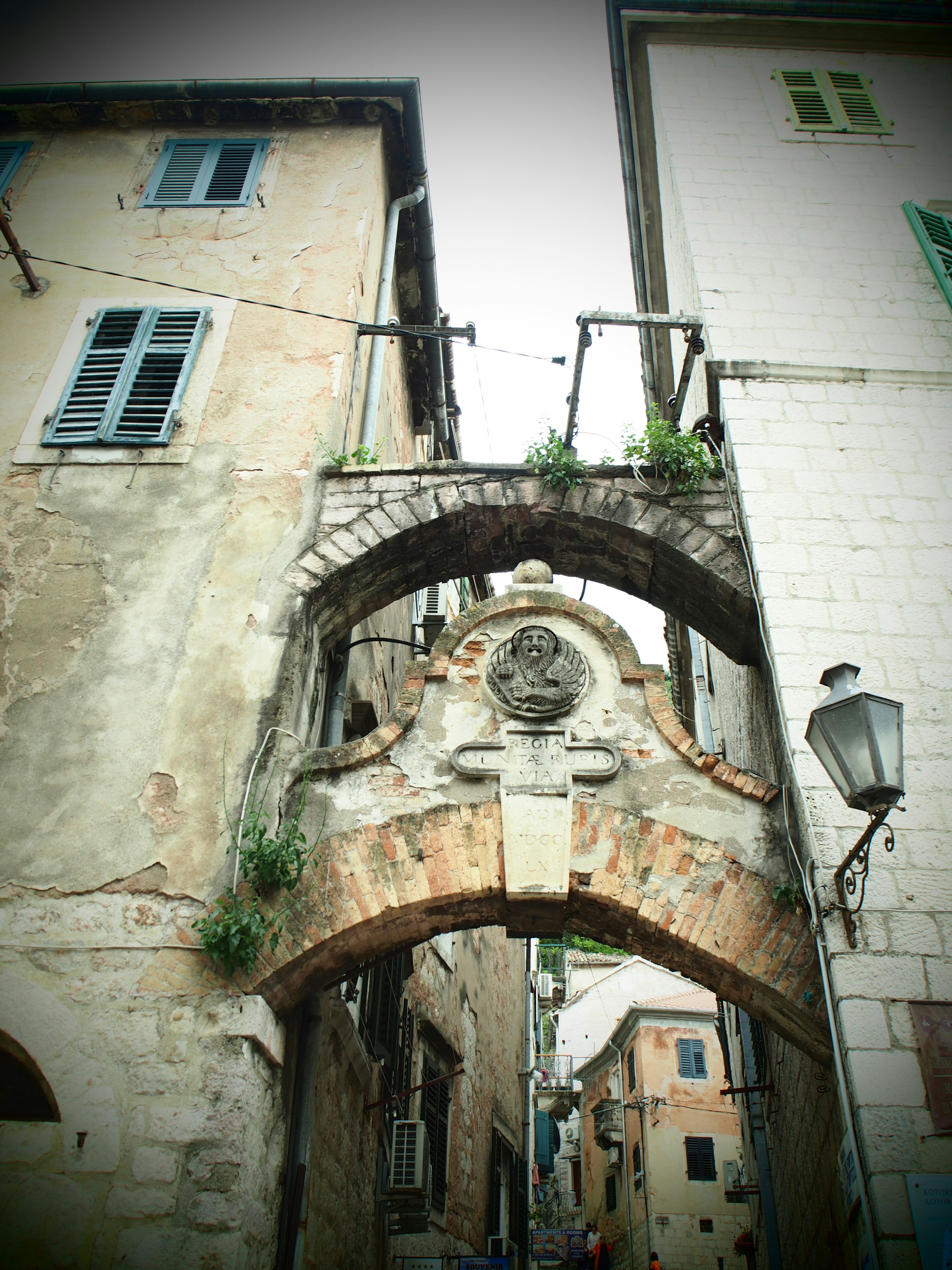 Narrow street view featuring an old stone archway with plants and historic buildings