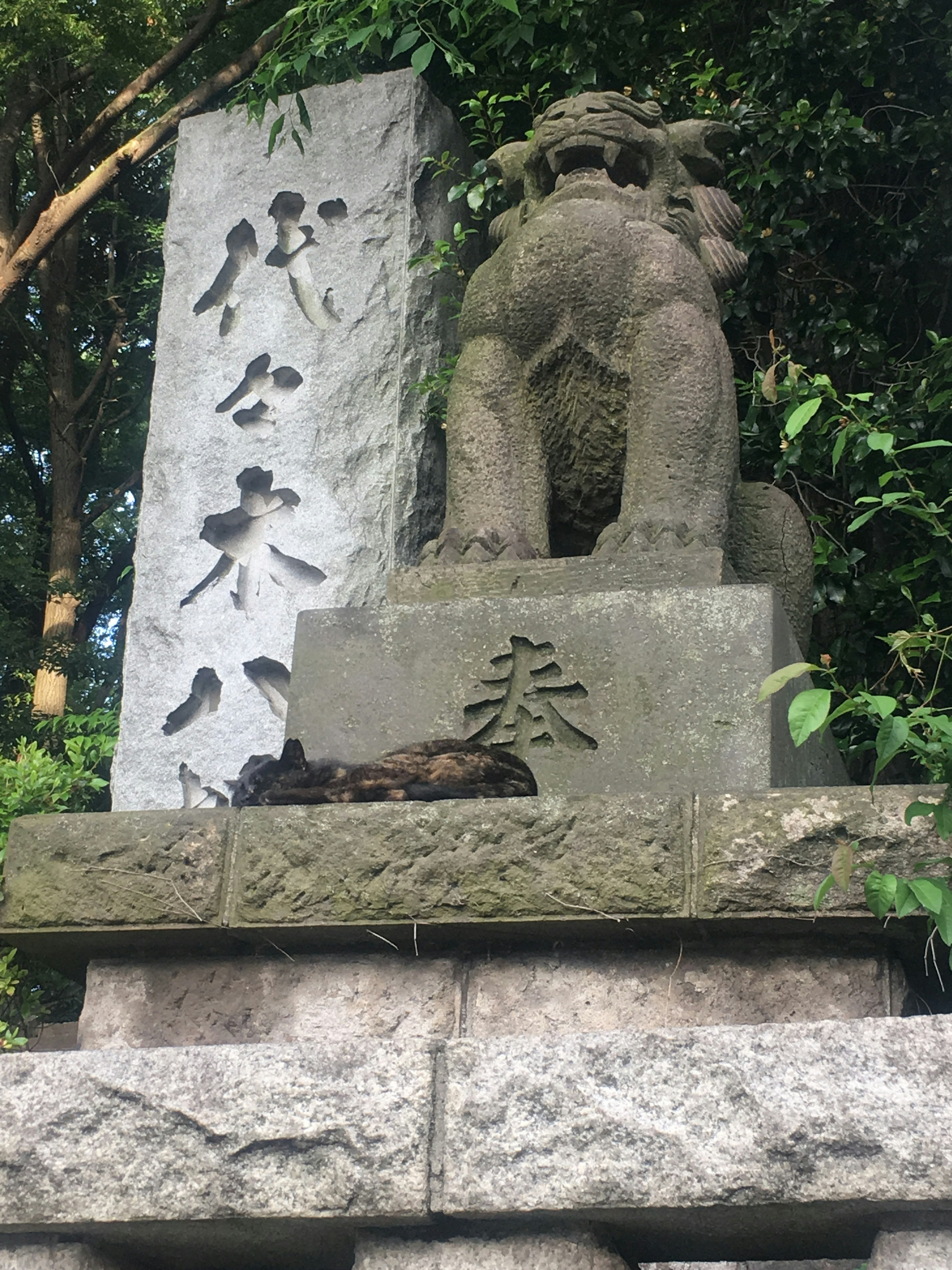 Statua di komainu in pietra in un santuario circondato da vegetazione