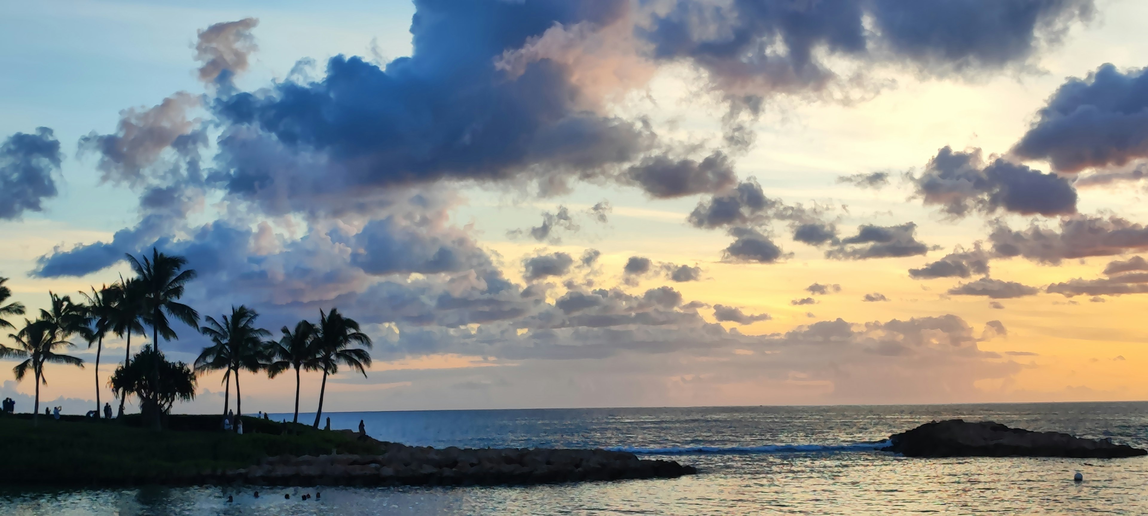 Côte au coucher du soleil avec des palmiers et des nuages colorés