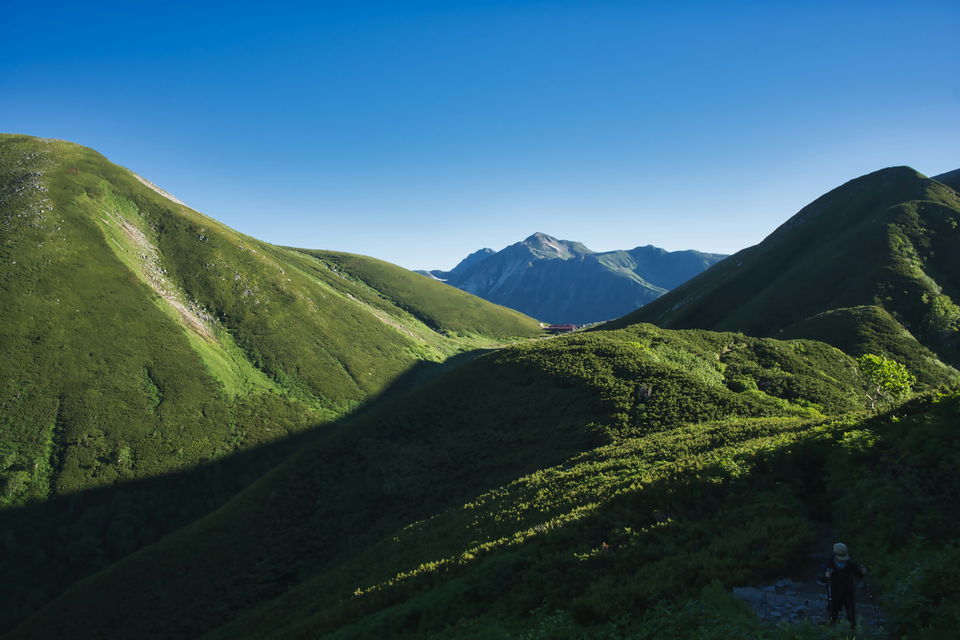 Vue panoramique de montagnes vertes sous un ciel bleu avec un randonneur sur un sentier