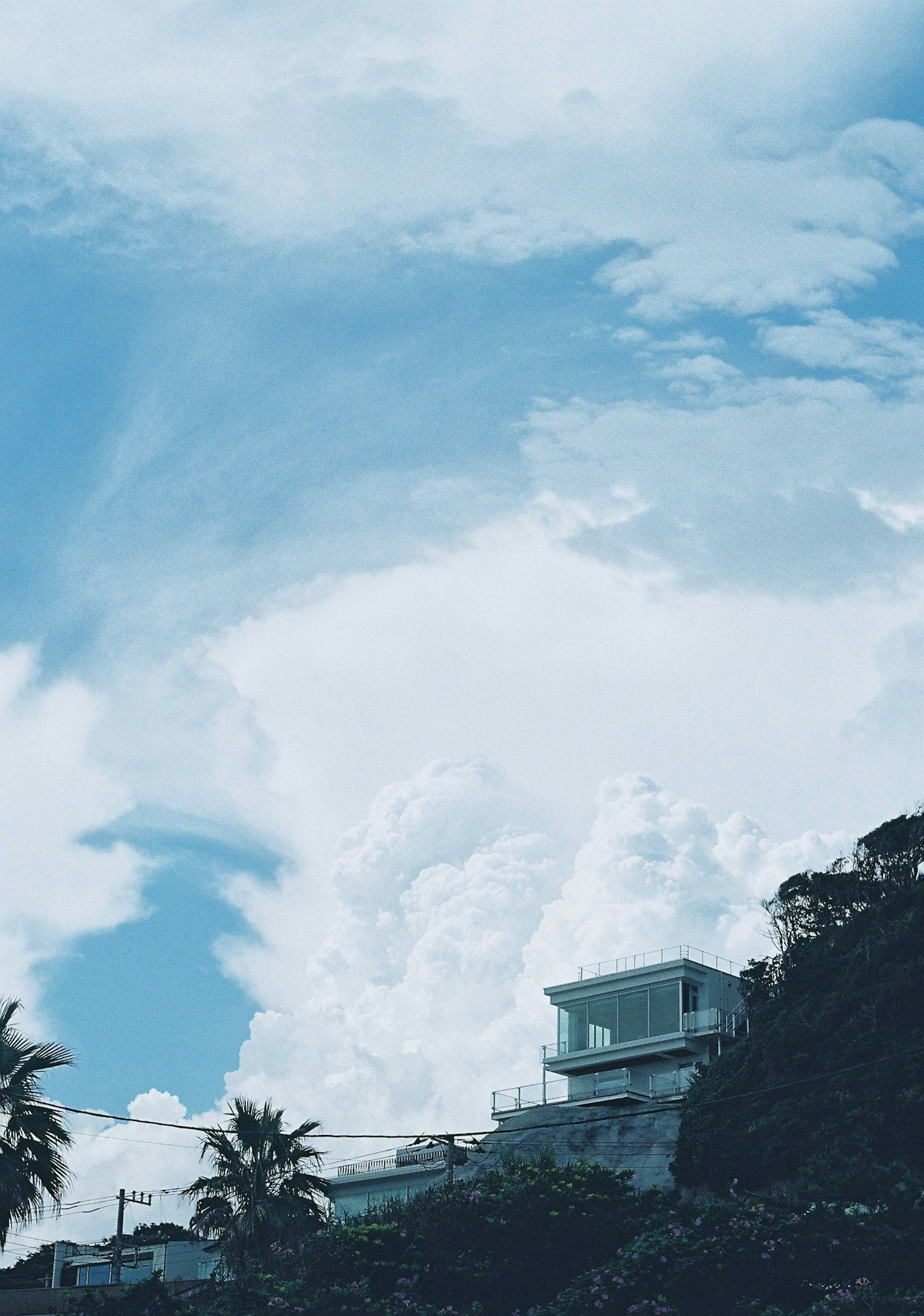 青空と白い雲の背景にあるモダンな家とヤシの木