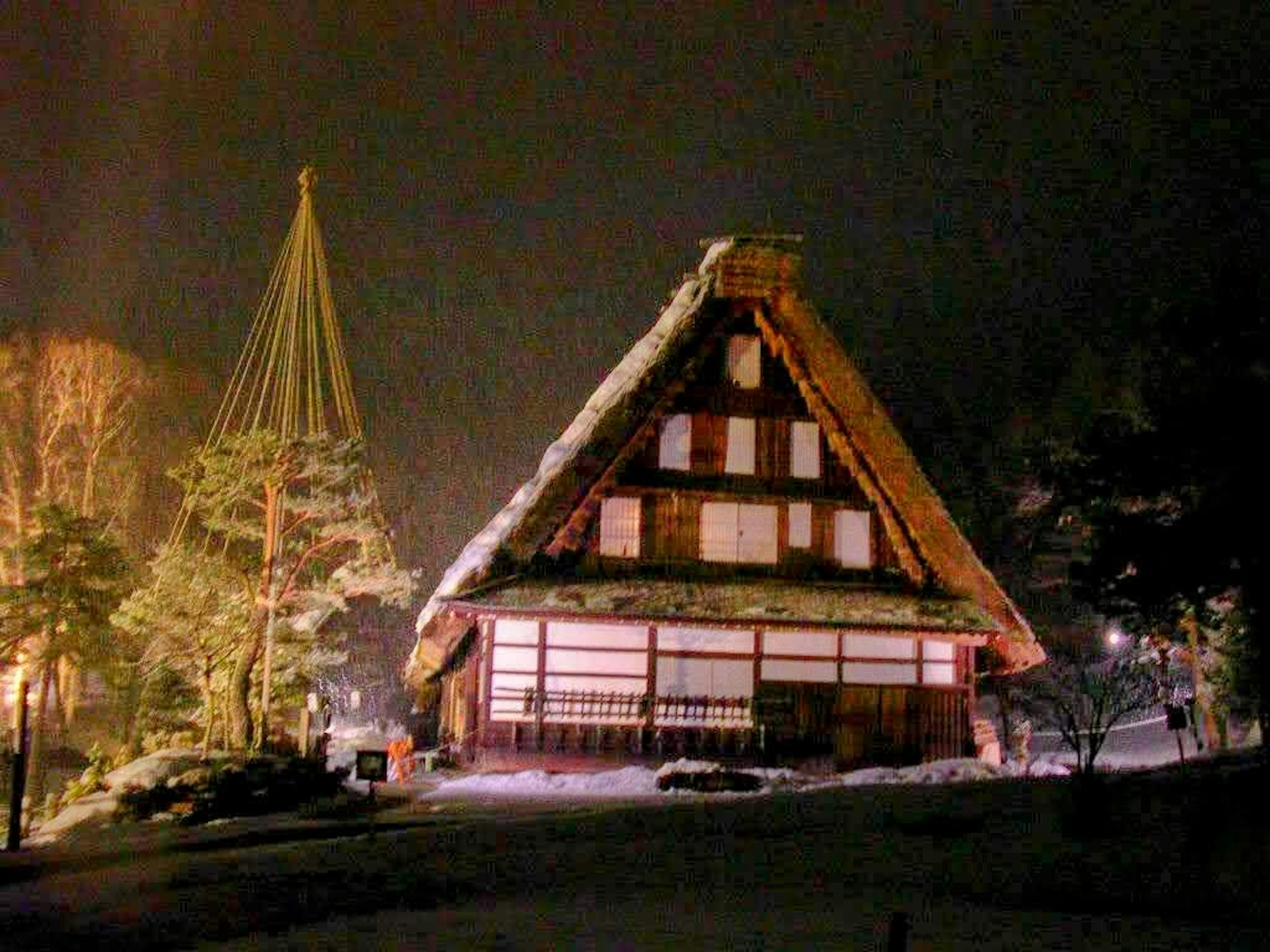 Rumah tradisional gassho-zukuri yang tertutup salju dengan pohon-pohon di sekitarnya