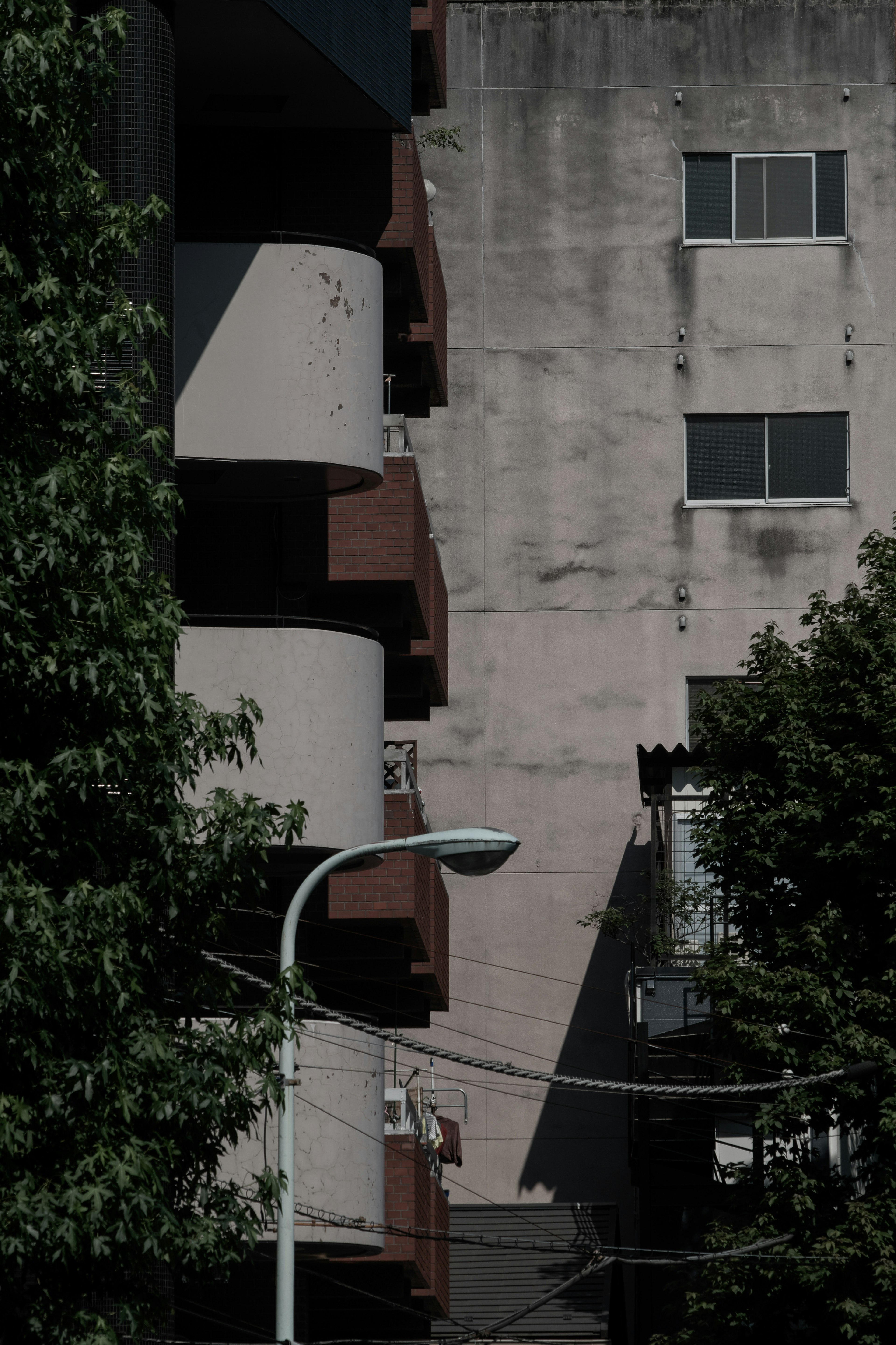 Edificio de concreto con sombras y vegetación en un fondo oscuro