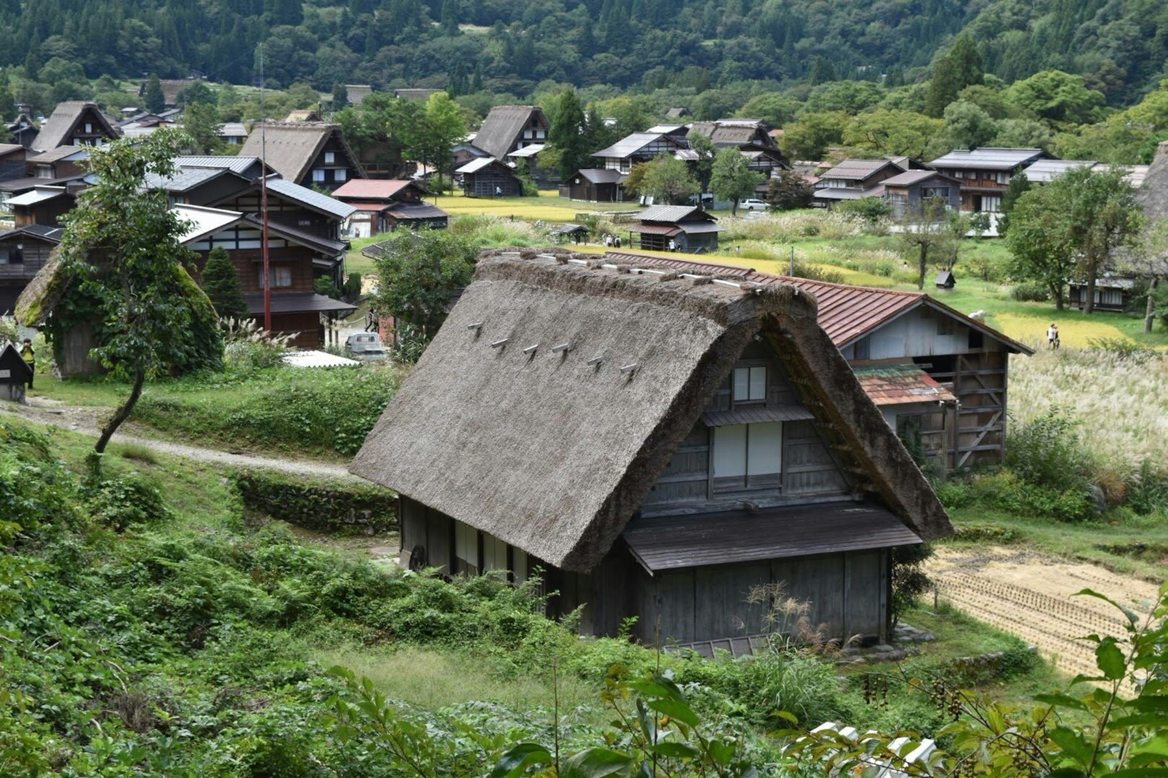 บ้านแบบกัสโชซูกุริแบบดั้งเดิมในภูมิทัศน์ที่สวยงามของภูเขา