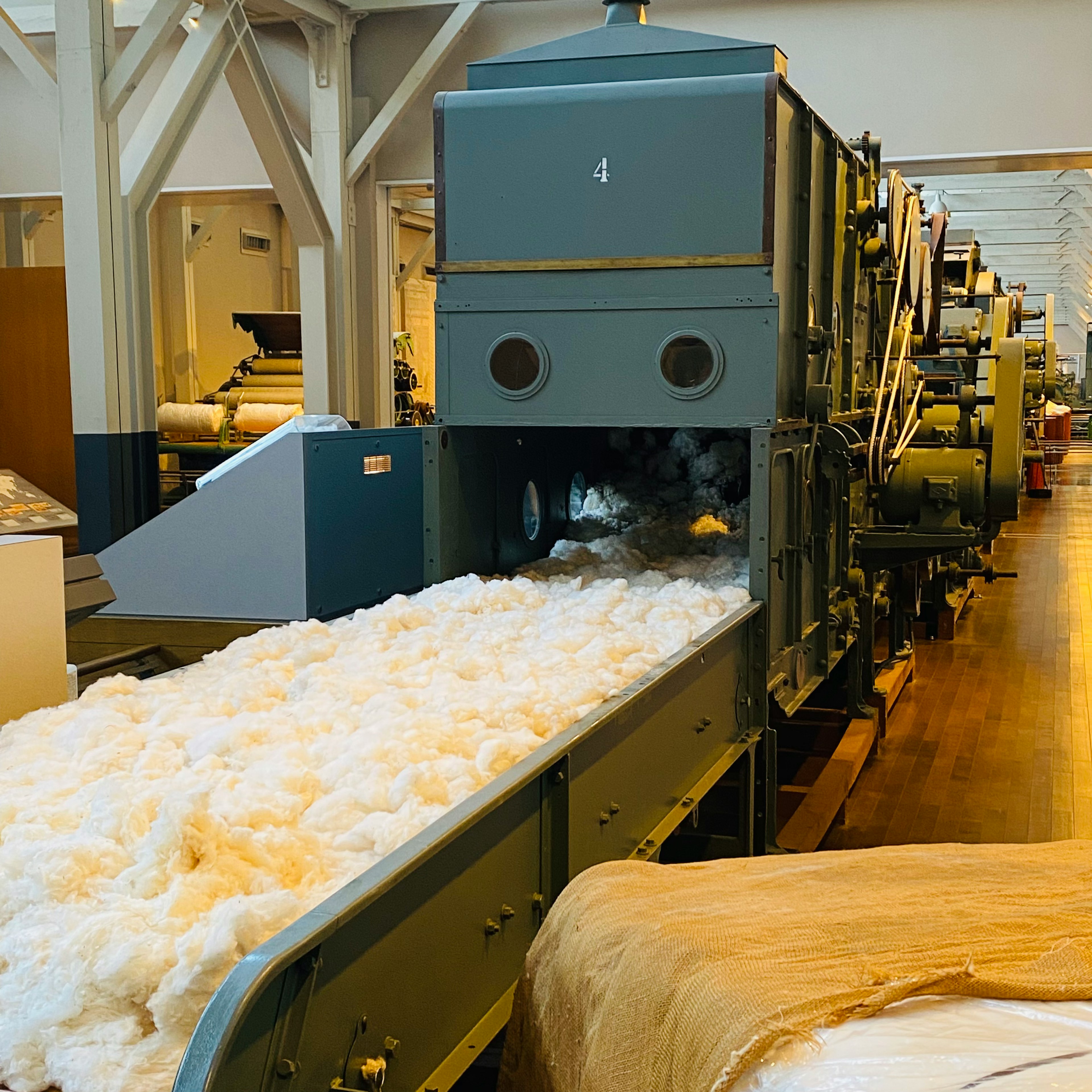 Macchina per la lavorazione del cotone con nastro trasportatore che gestisce il cotone all'interno di una fabbrica