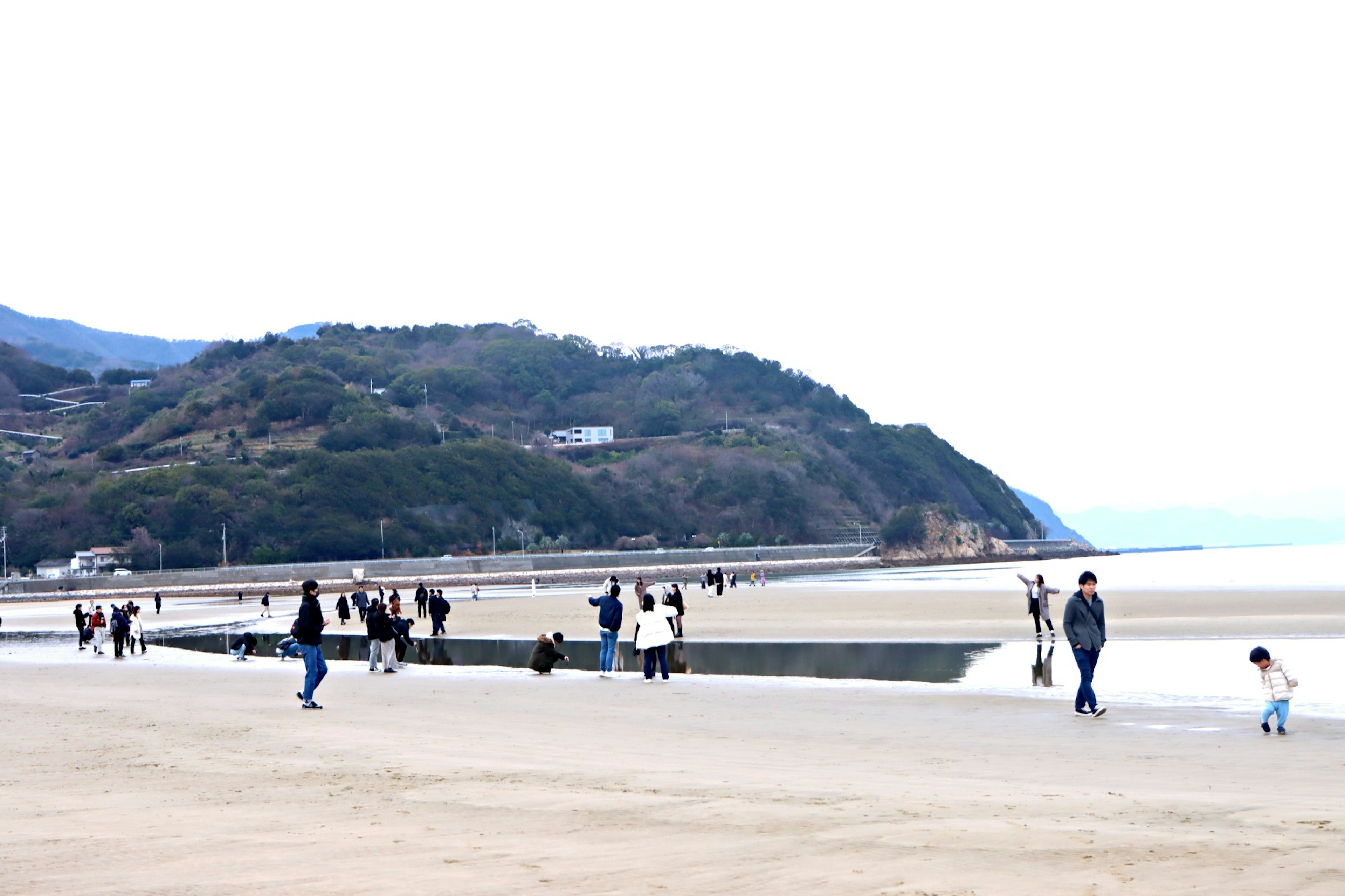 Menschen genießen den Strand mit einem Berg im Hintergrund