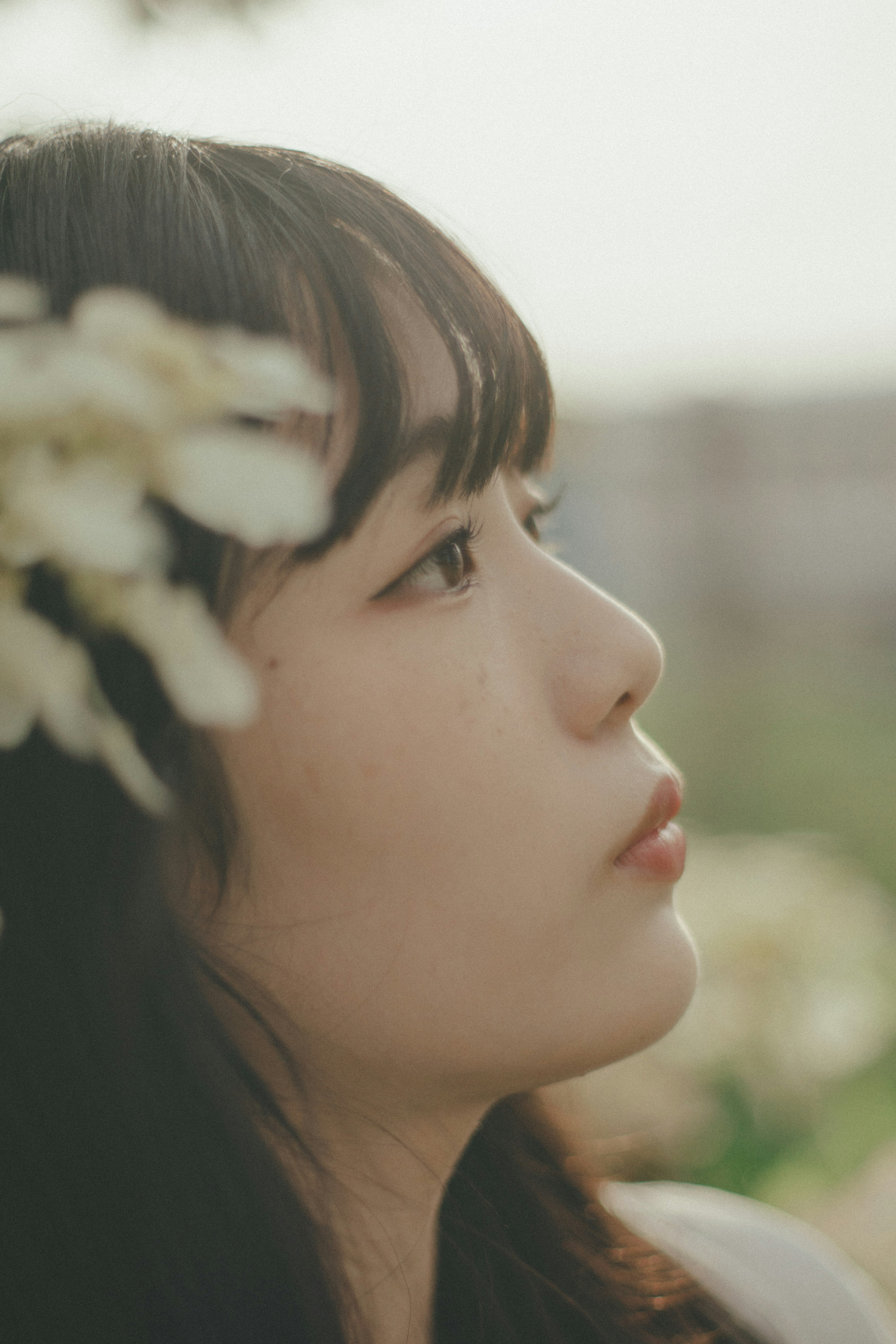 Retrato de perfil de una mujer con flores en el cabello en luz suave