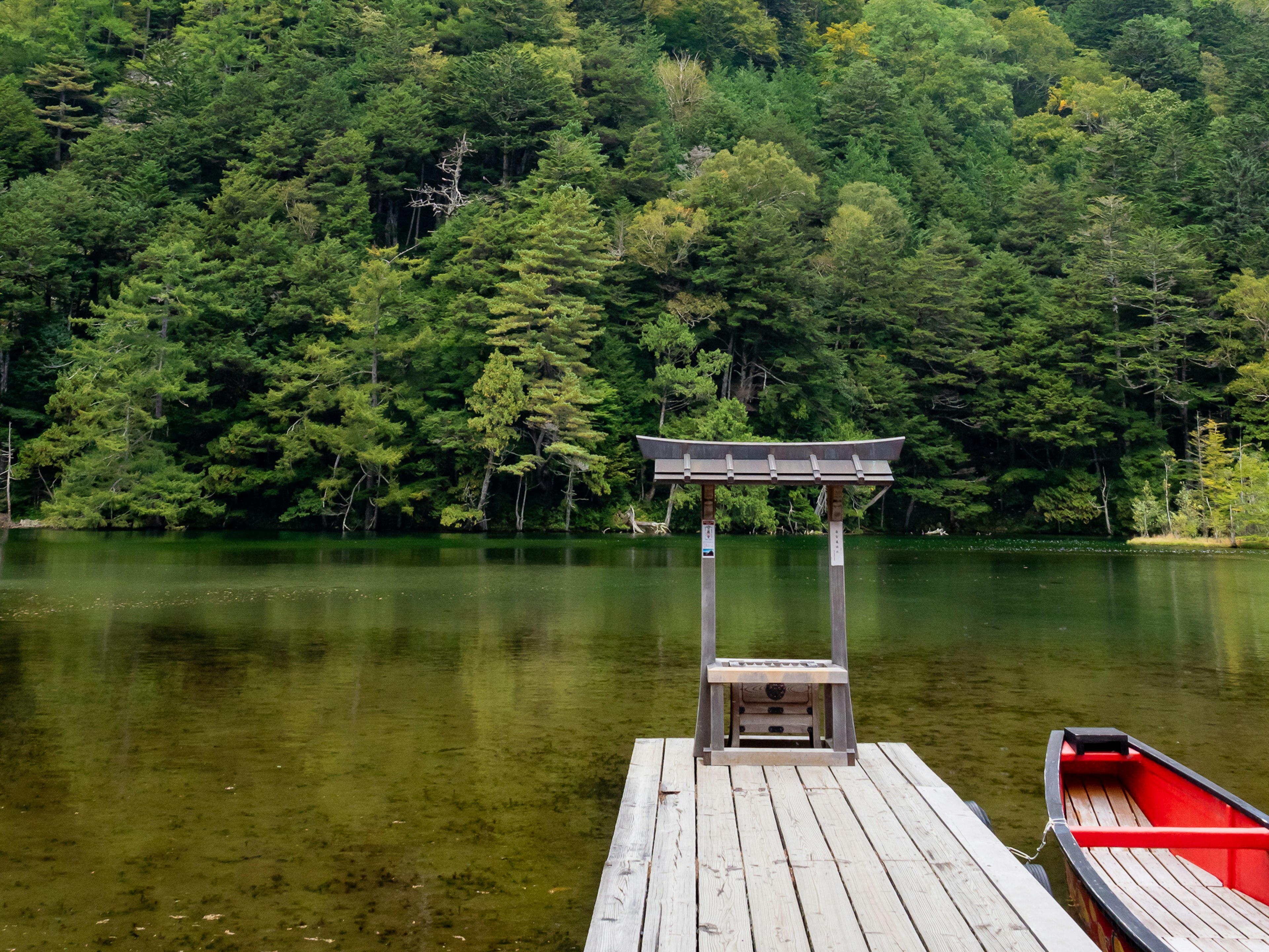 ท่าเรือไม้ริมทะเลสาบเงียบสงบพร้อมเรือแดงล้อมรอบด้วยความเขียวขจี