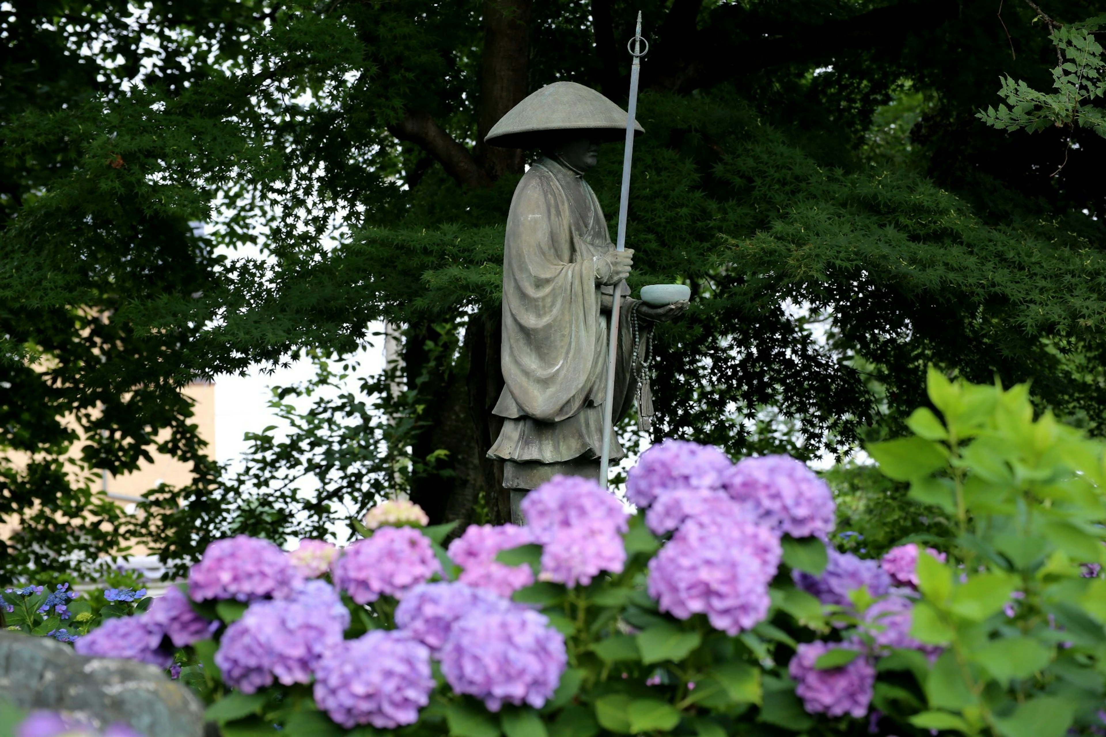 紫陽花の前に立つ石像の風景