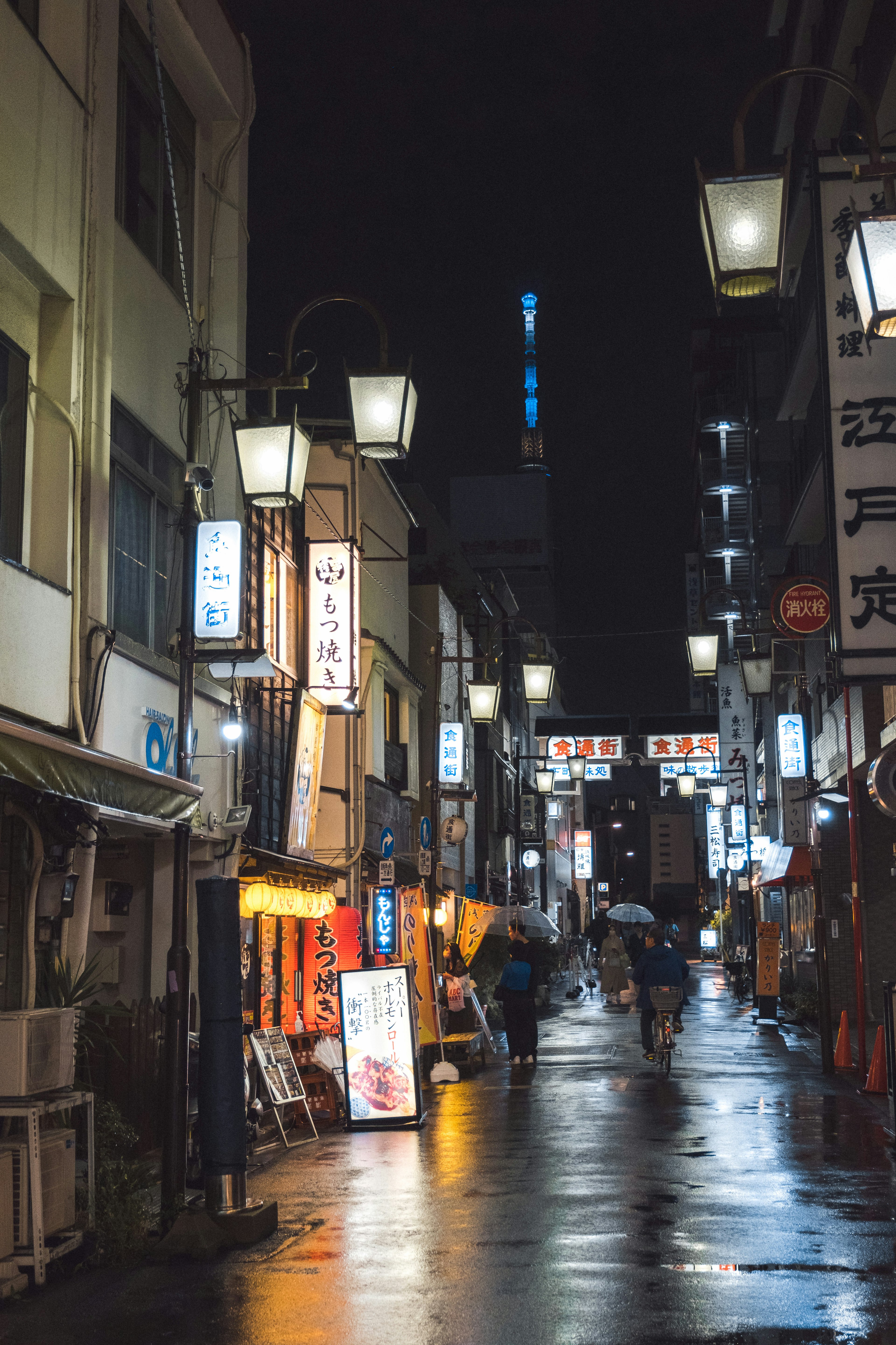 夜の街並みに照らされた路地と提灯