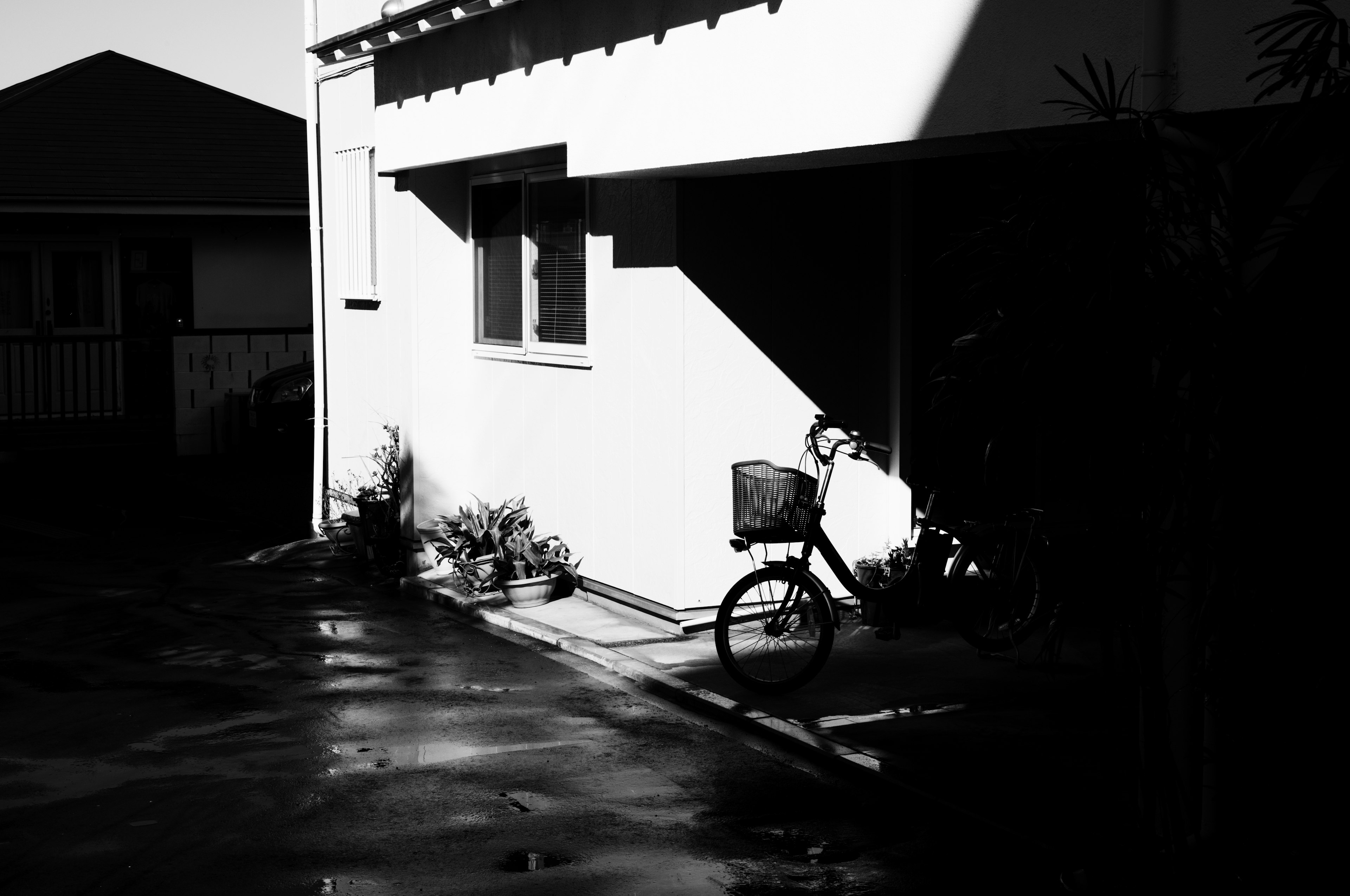 A black and white image of a bicycle next to a house with shadows