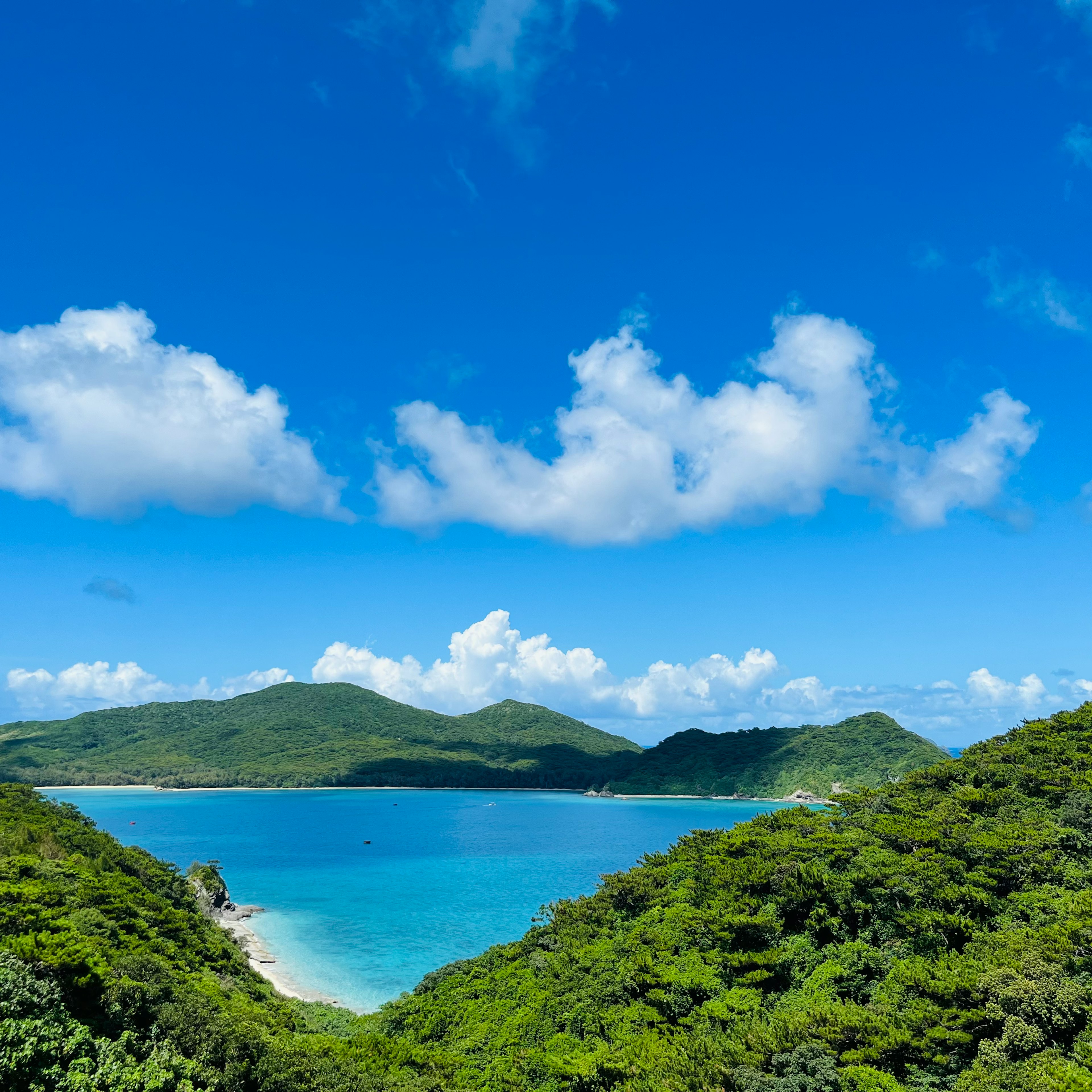 Hermosa vista costera con cielo azul y nubes blancas rodeada de montañas verdes