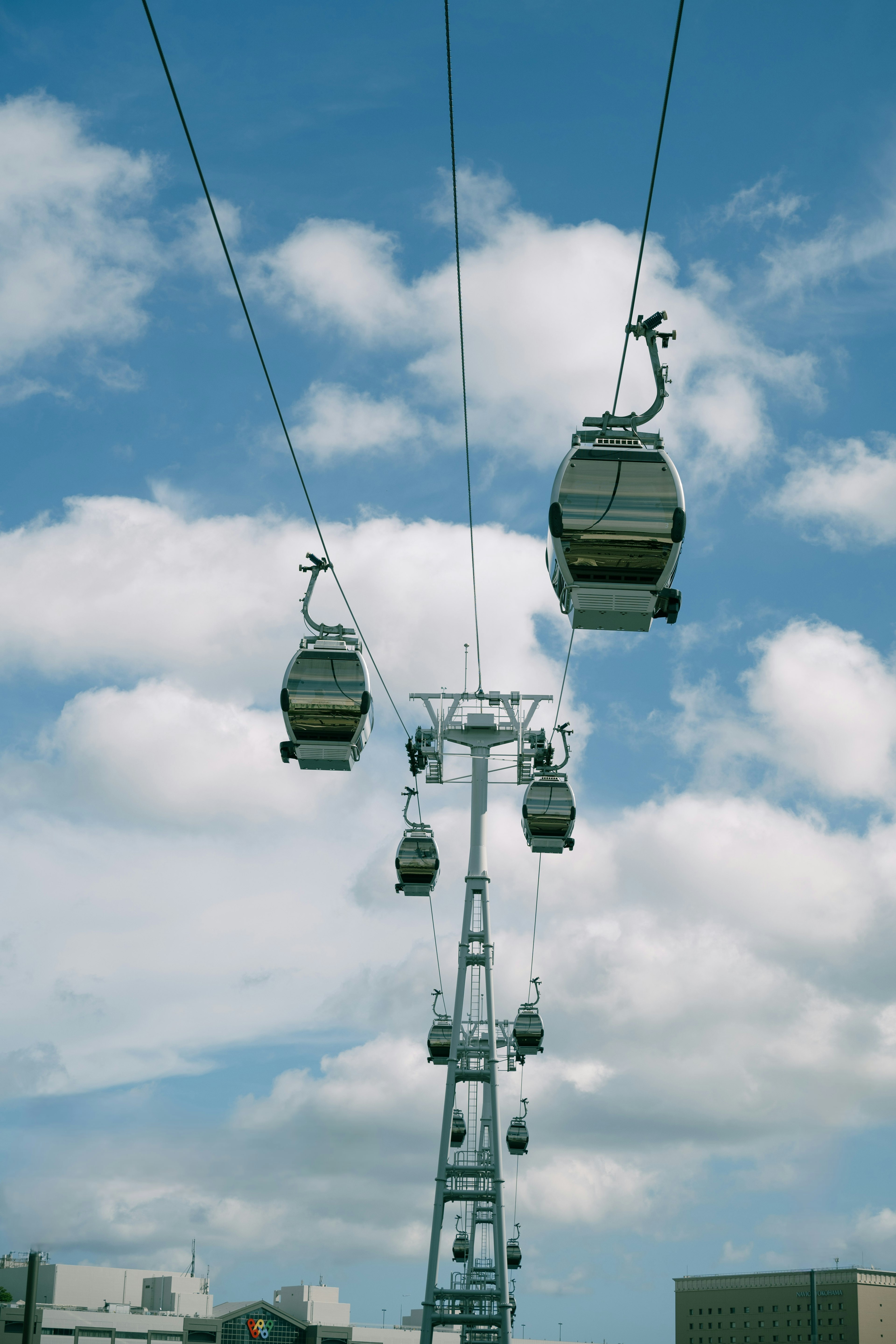 Gondoles suspendues sous un ciel bleu avec des nuages