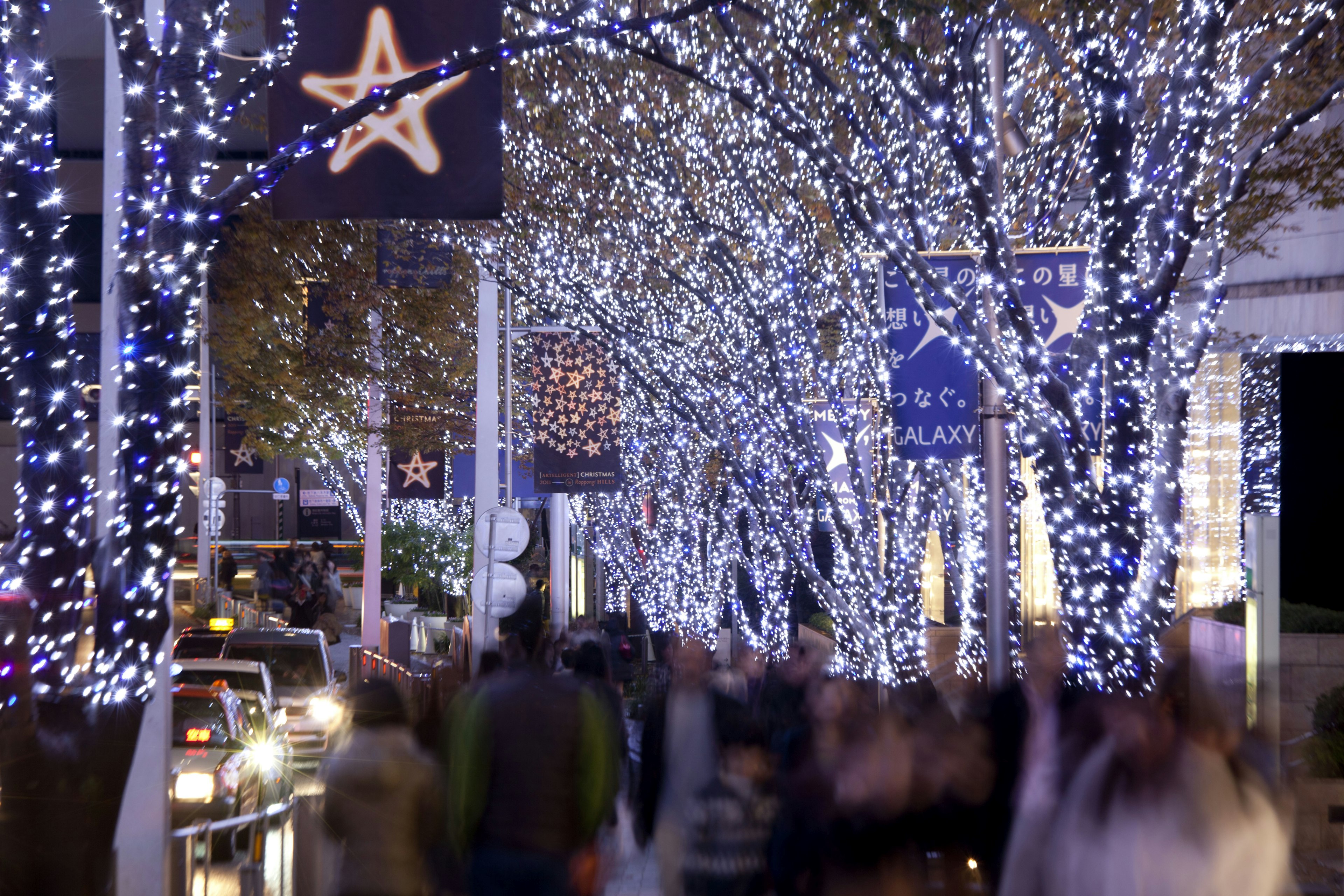 Calle bordeada de árboles iluminados con luces azules y blancas y peatones bulliciosos