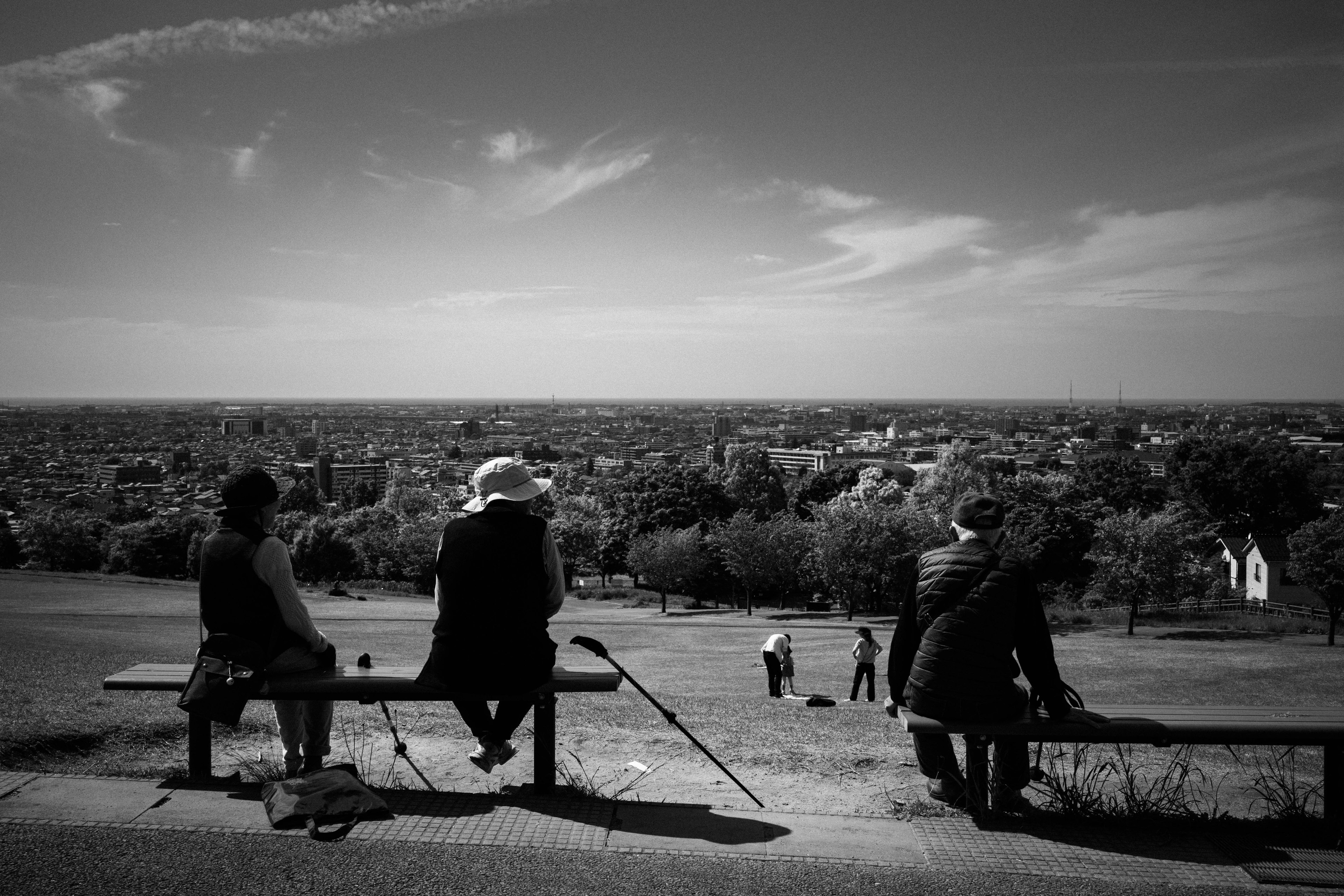 Escena en blanco y negro con personas sentadas en bancos con vista a una ciudad