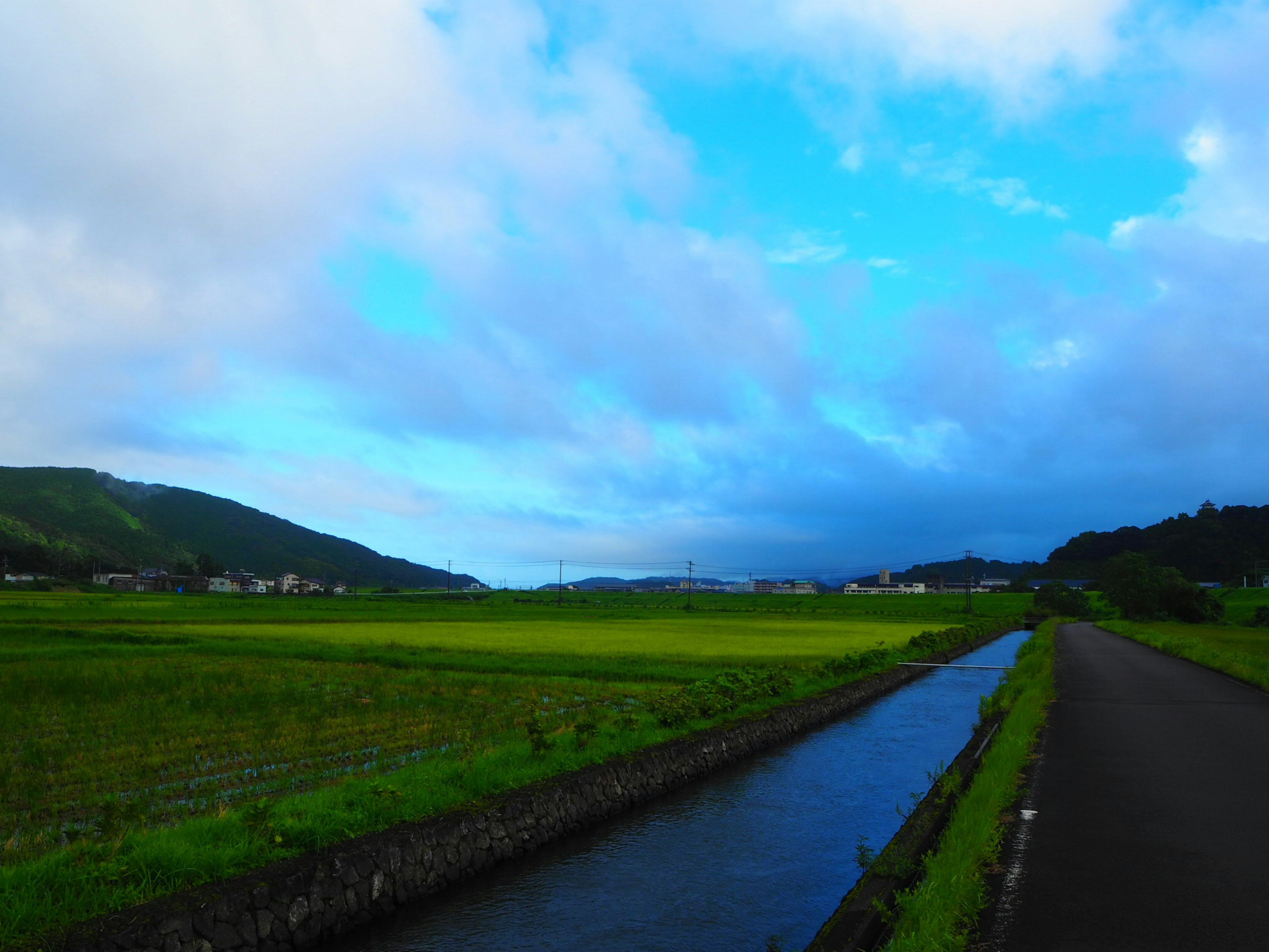 Scenic view of green fields under a blue sky with a waterway