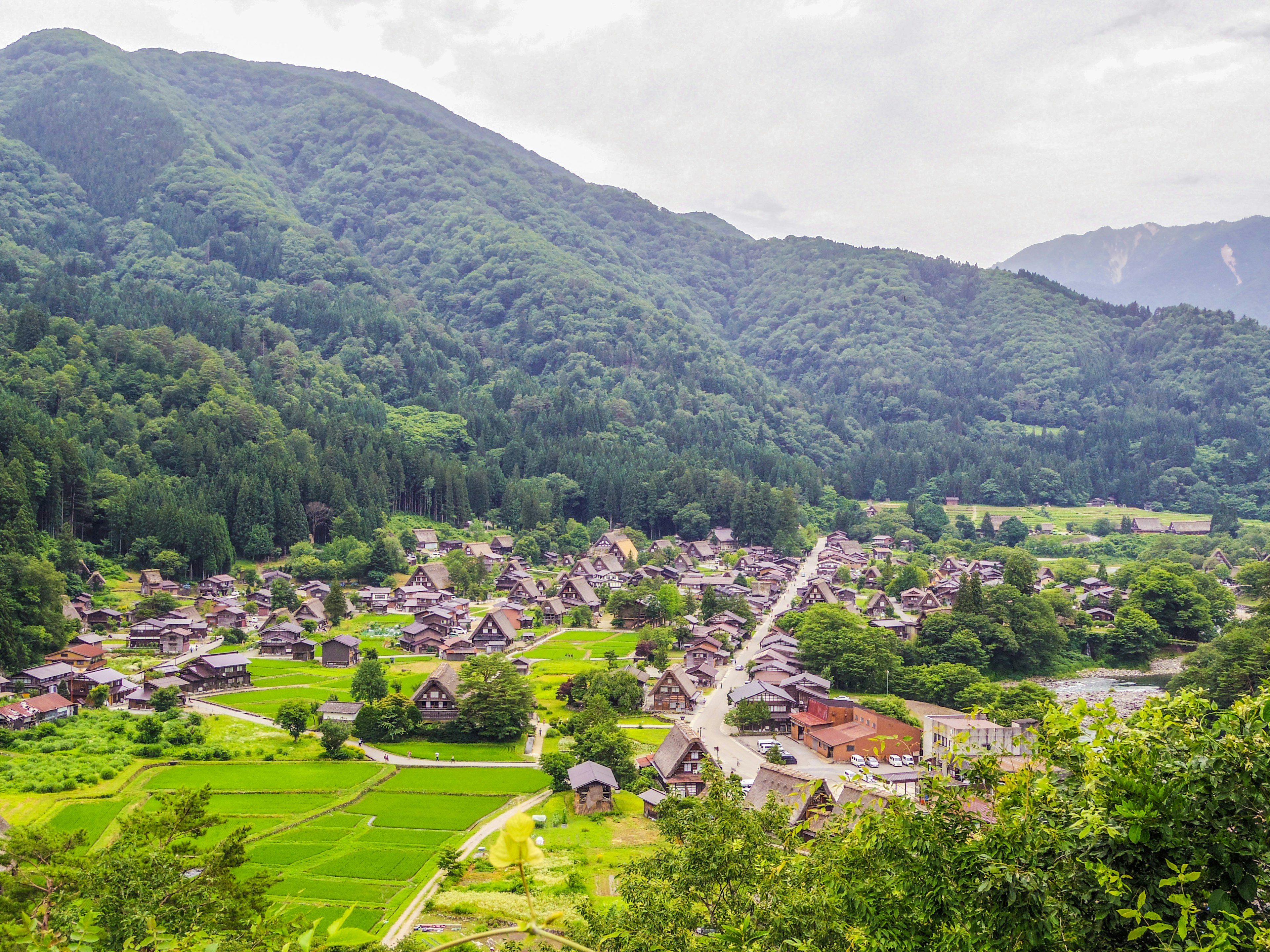 Scenic view of a traditional gassho-zukuri village surrounded by mountains and rice fields