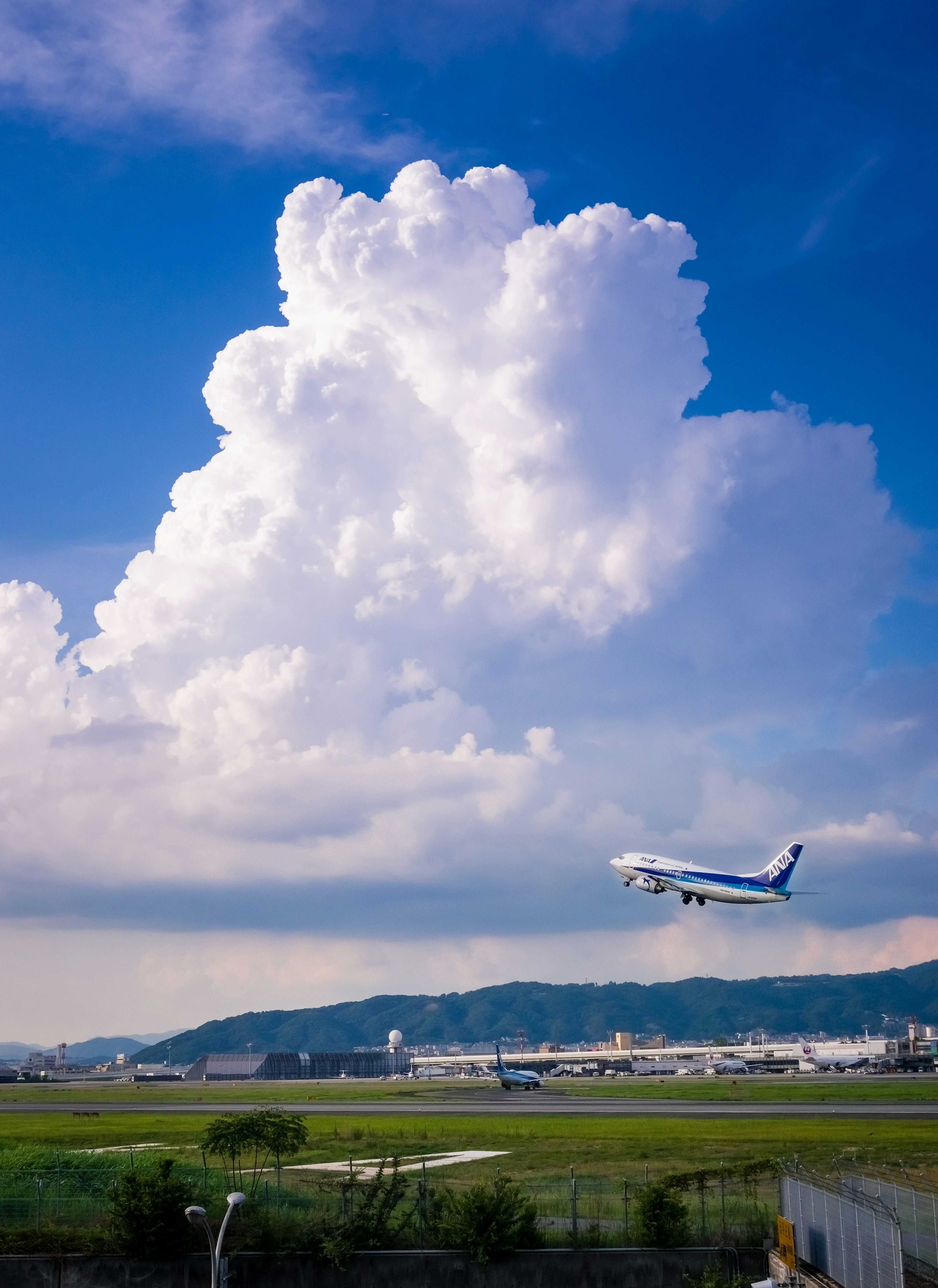 An airplane flying against a backdrop of blue sky and fluffy white clouds