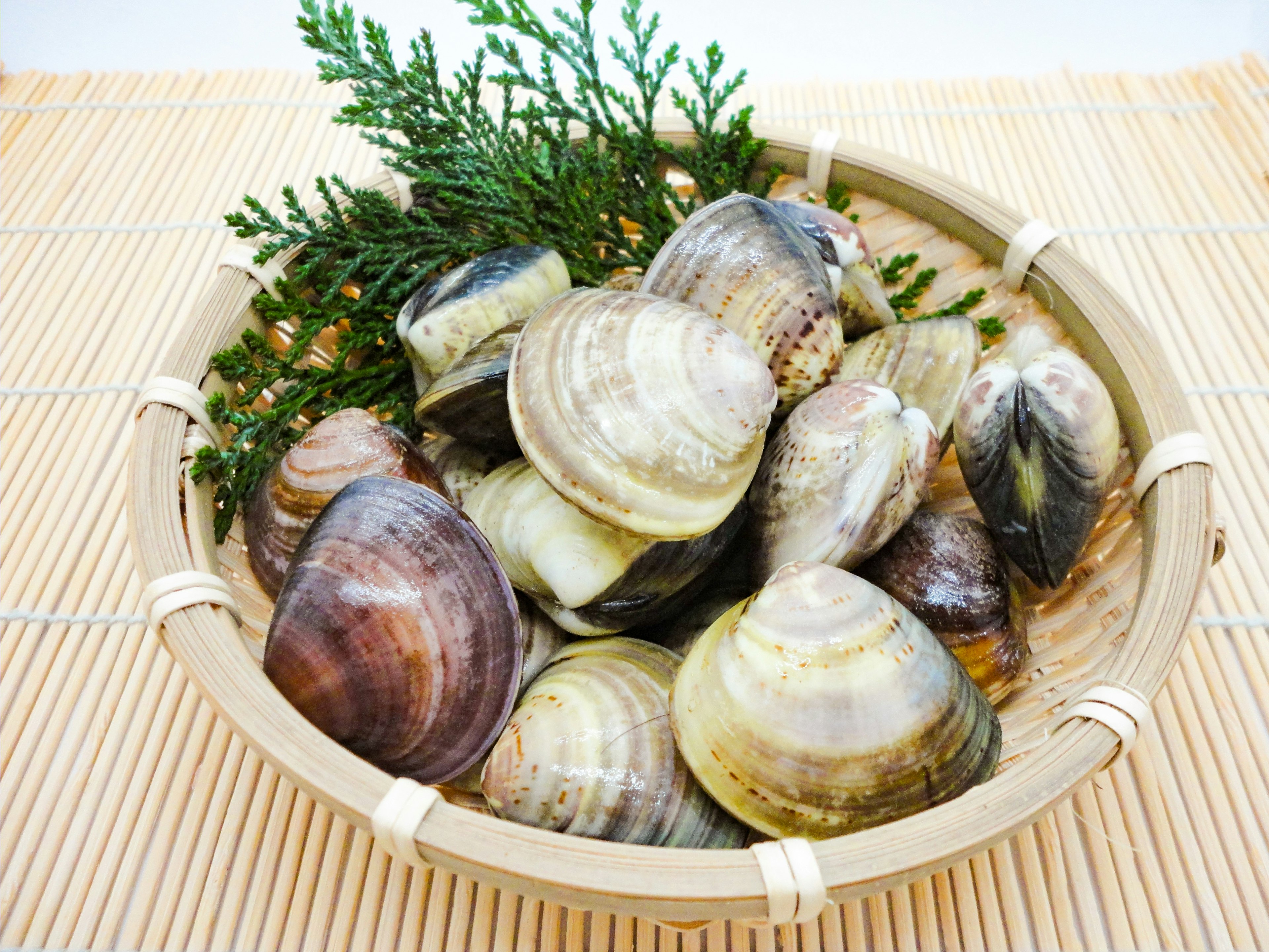 Clams arranged in a bamboo basket with green leaves