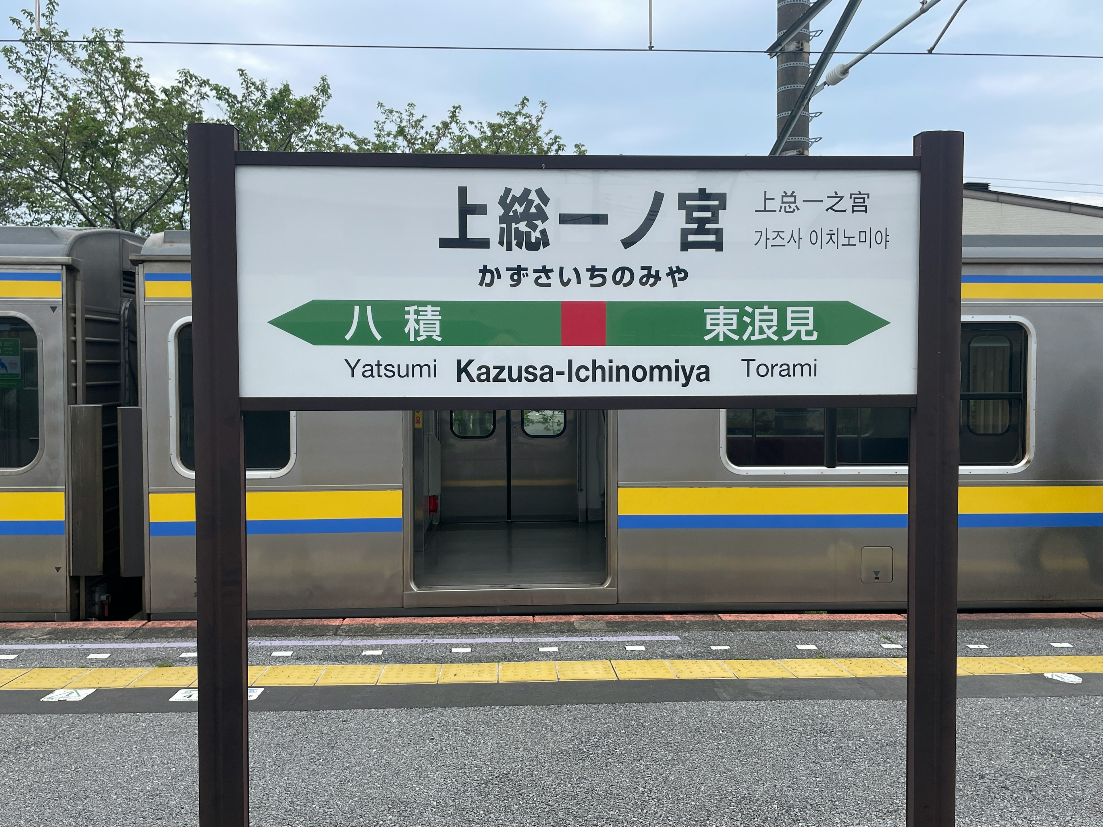 Panneau de la gare Kazusa-Ichinomiya avec un train en arrière-plan