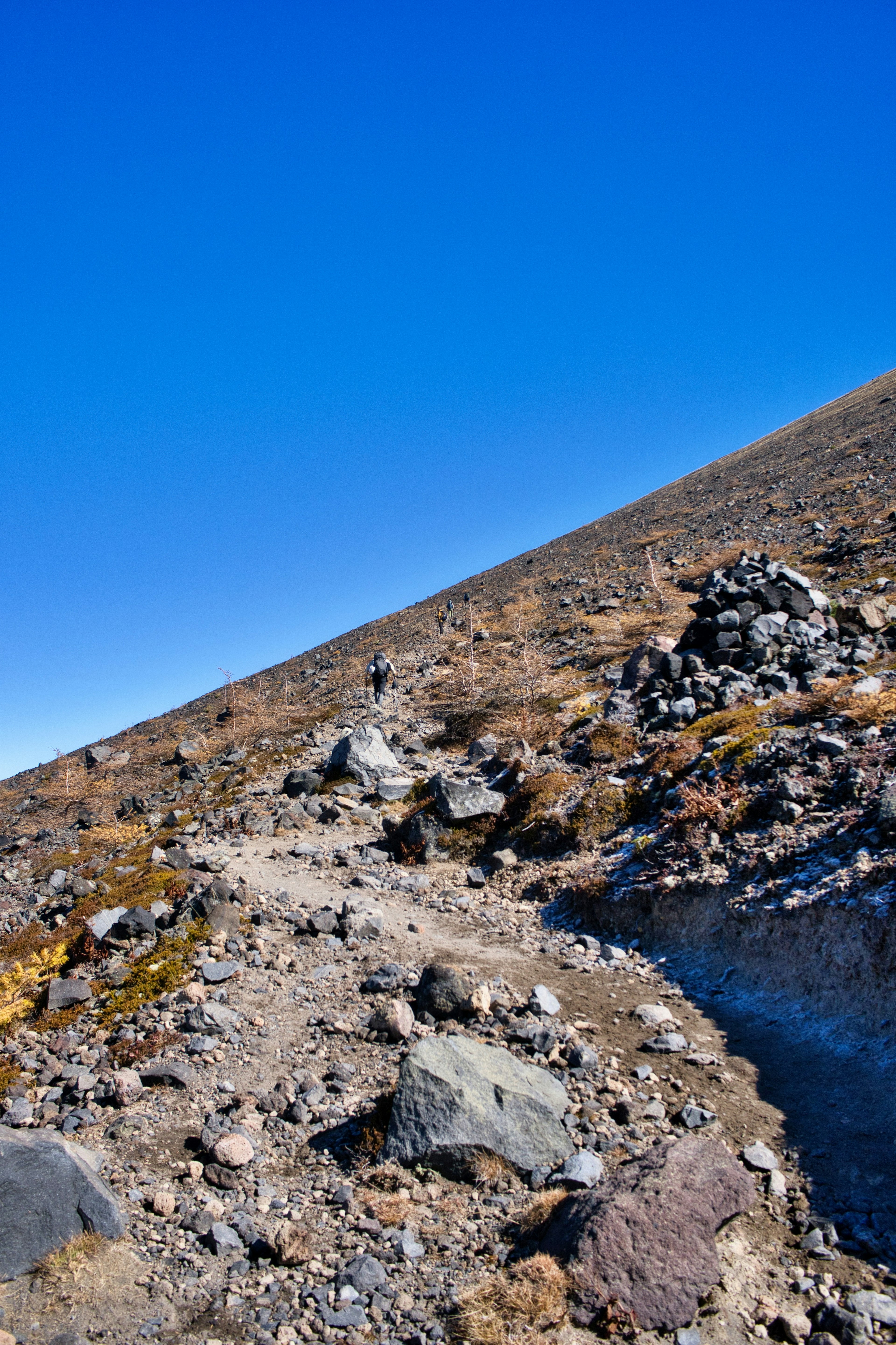 Paysage montagneux avec un terrain en pente sous un ciel bleu clair